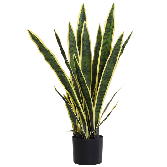 Outsunny Artificial Snake Plant 21 Variegated Leaves Fake Plant in Pot Indoor Outdoor Decor Green