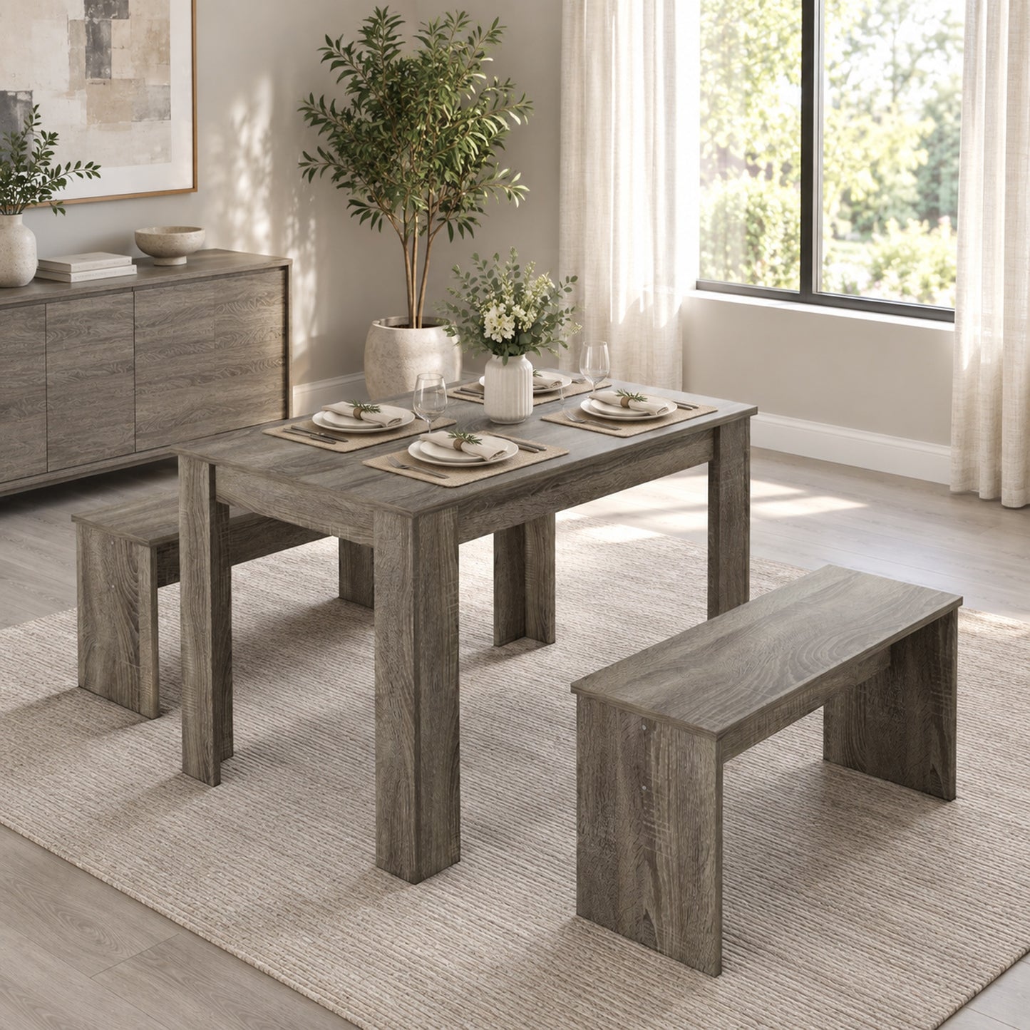 HOMCOM Kitchen Dining Table and 2 Benches Set, Table and Chairs Set for Limited Space, Grey Wood Effect