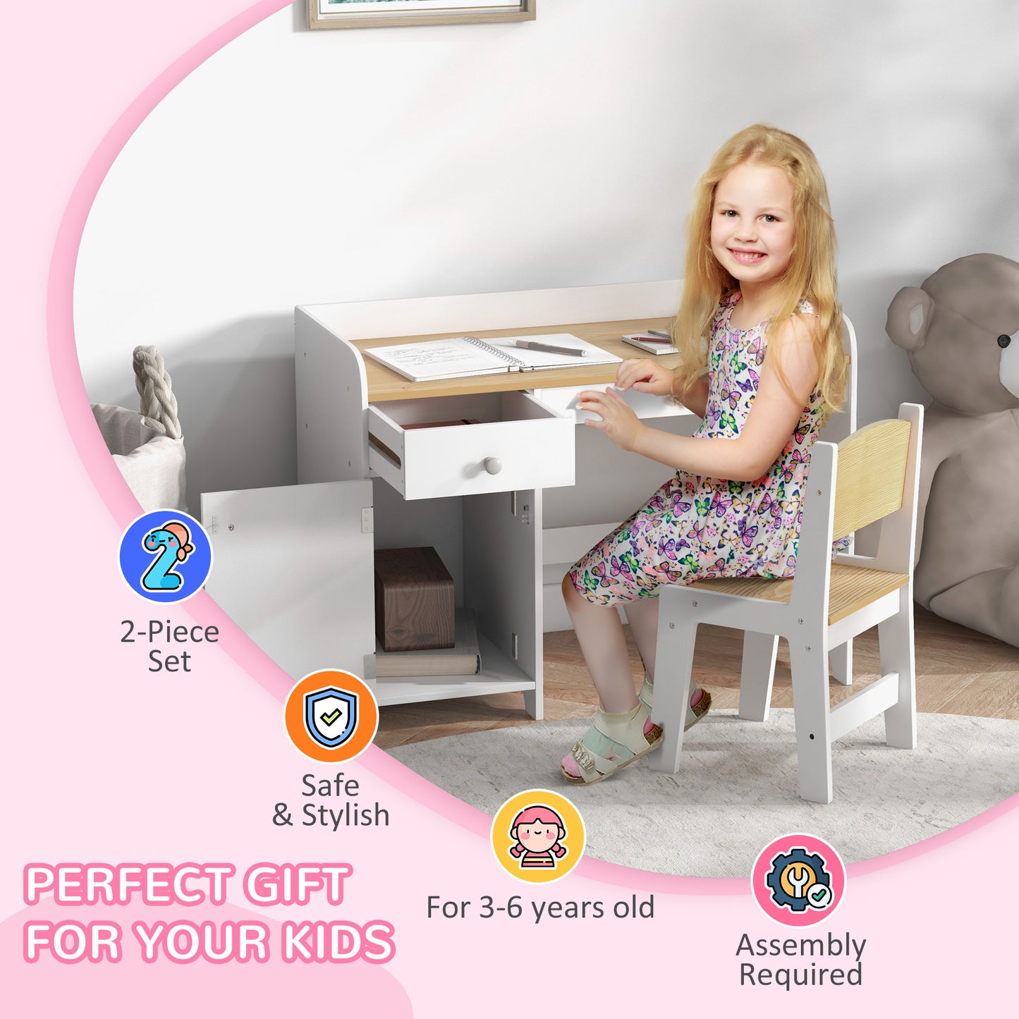 ZONEKIZ Kids Desk and Chair Set for 3-6 Year Old with Storage Drawer Study Table and Chair for Children White
