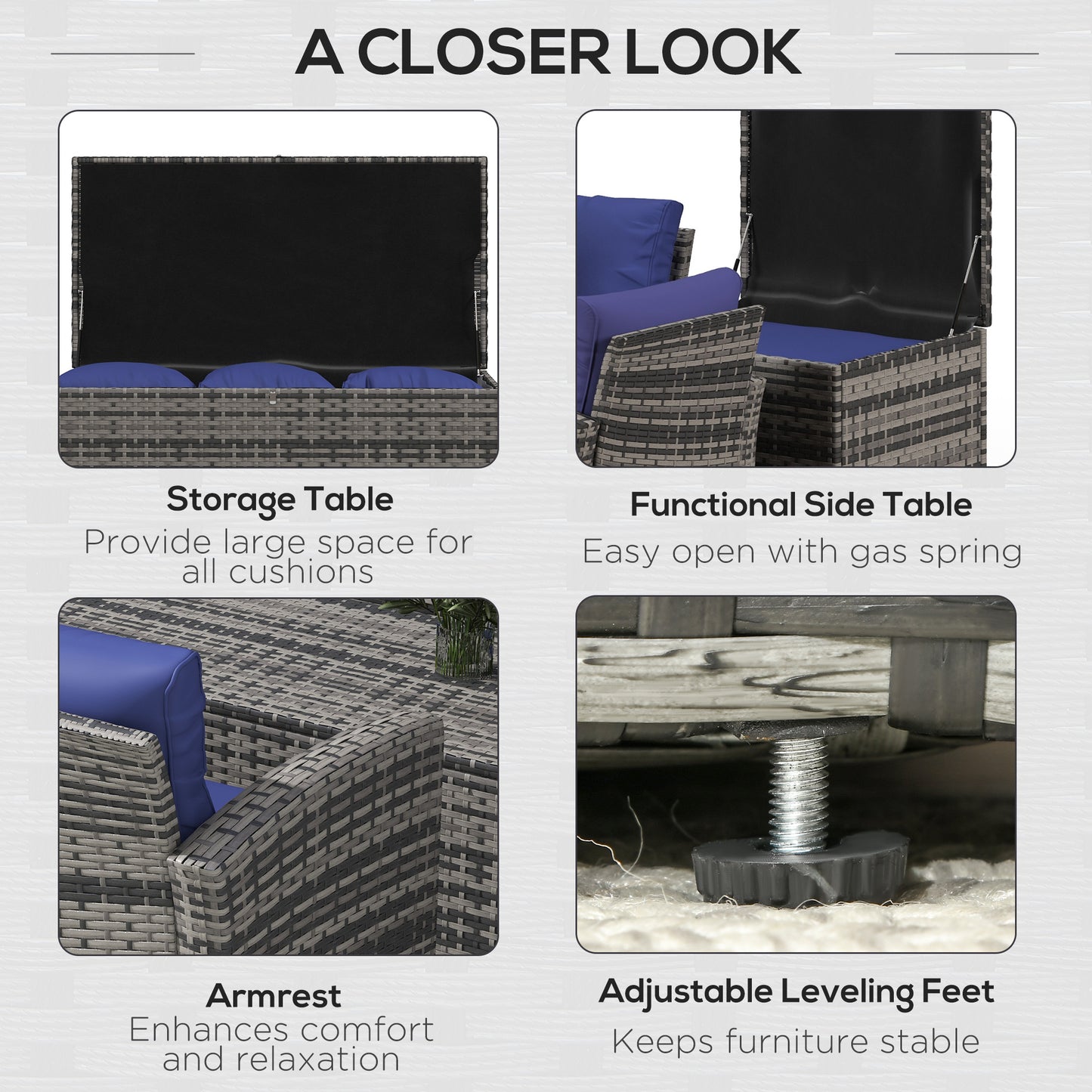 Outsunny 7-Seater Rattan Garden Furniture Set, Wicker Sofa with Storage Tea & Side Tables, Navy Blue