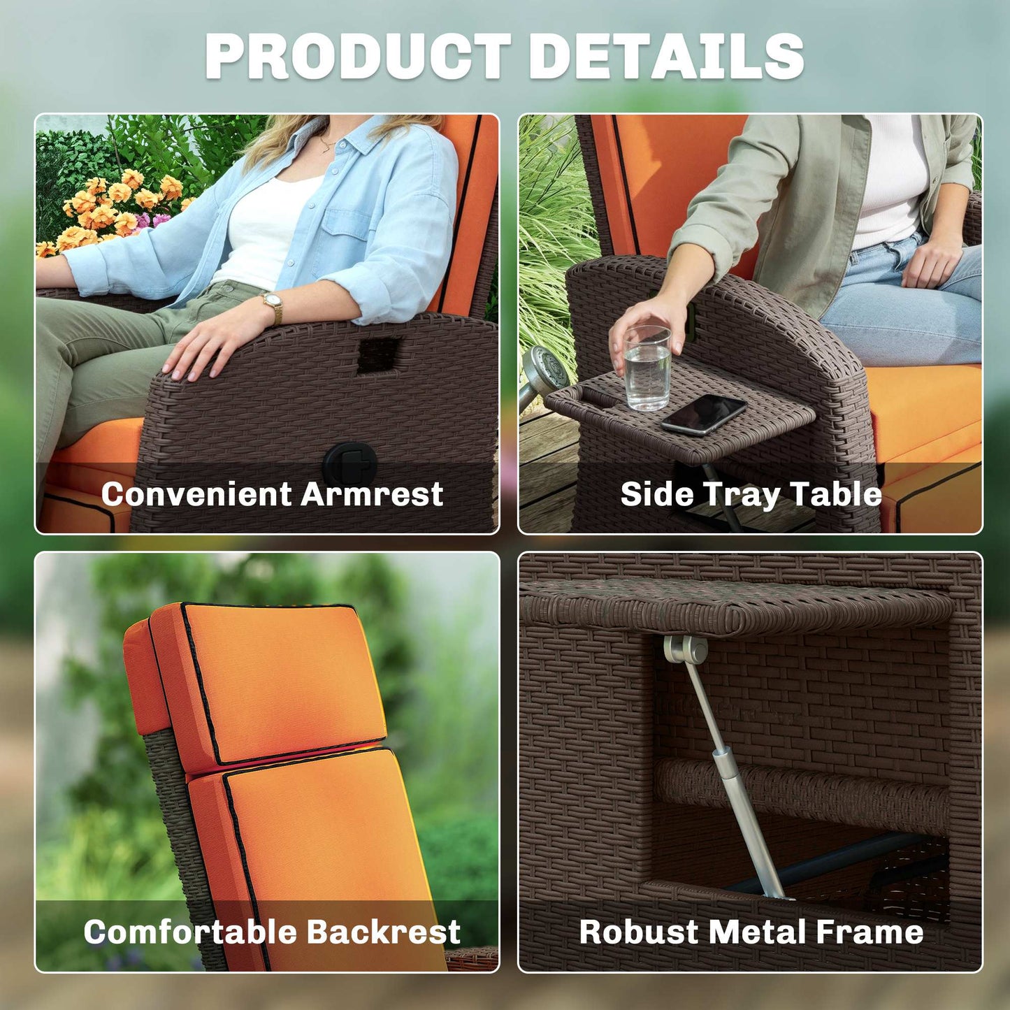 Outsunny Garden Recliner with Cushion, Outdoor Recliner Chair with Adjustable Backrest & Footrest, Side Tray, Orange