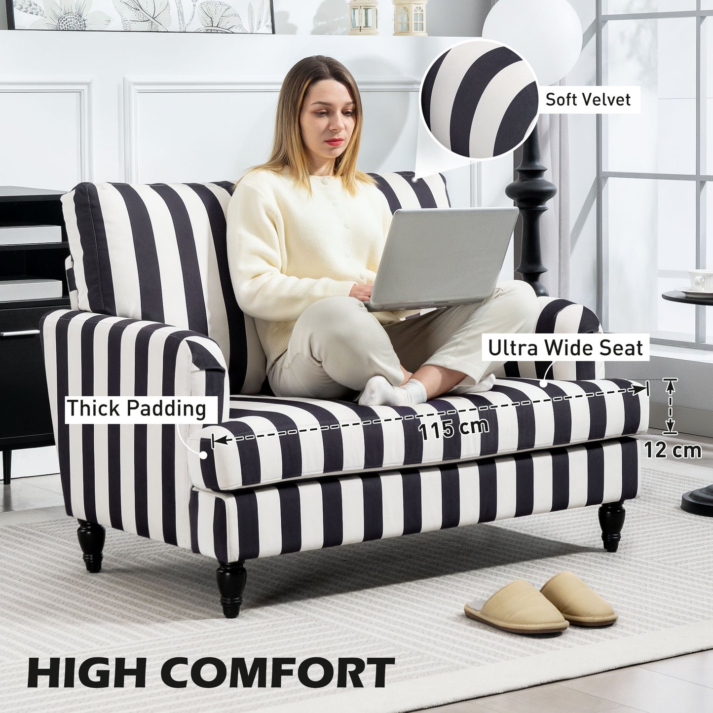 HOMCOM Modern Cuddle Chair, Velvet Single Sofa Armchair with Stripe, Turned Legs, Wide Seat, Upholstered Snuggle Chair, Black and White