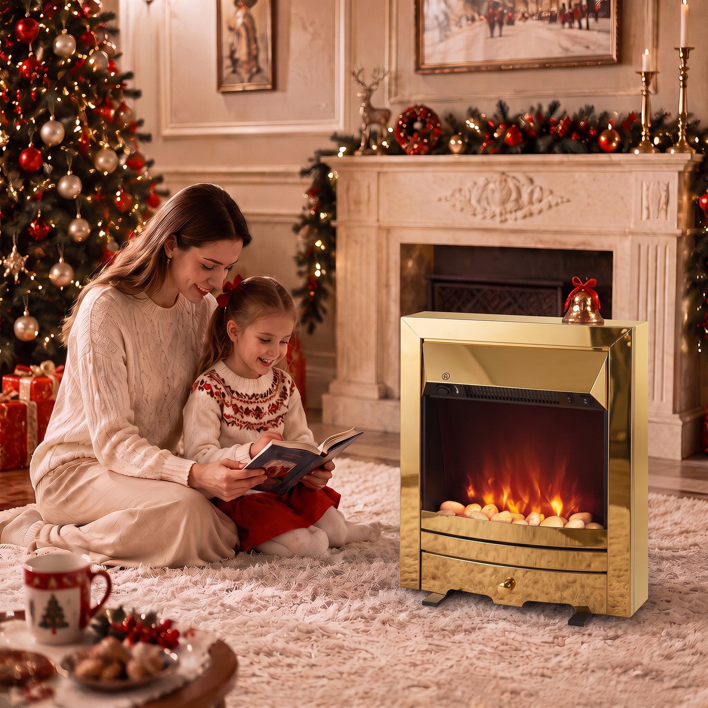 HOMCOM Electric Fireplace Stove Freestanding/Inset, 2000W, Electric Fire with LED Flame, Pebbles, Adjustable Thermostat, Gold