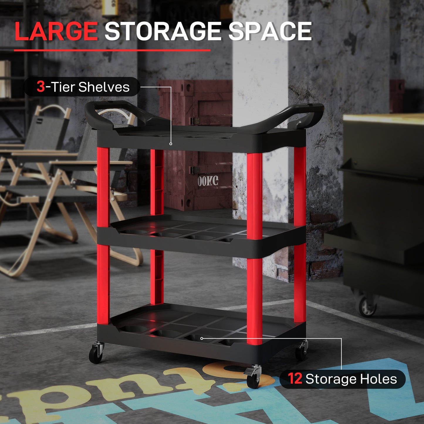 HOMCOM 3-Tier Rolling Tool Cart, Mobile Utility Trolley with Handles, 91kg Capacity for Garage/Mechanics/Warehouse, Black and Red