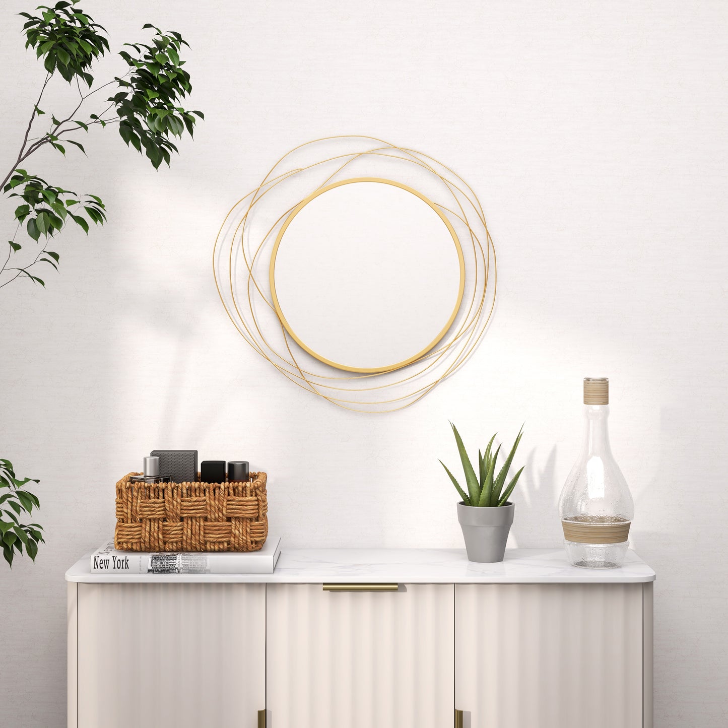 HOMCOM Abstract Metal Wire Wall Mirror, with Accessories - Gold Tone