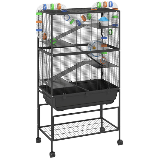 PawHut 5 Tier Large Hamster Cage on Wheels with 17 cm Deep Tray, Storage Shelf for Syrian, Gerbil, Rats