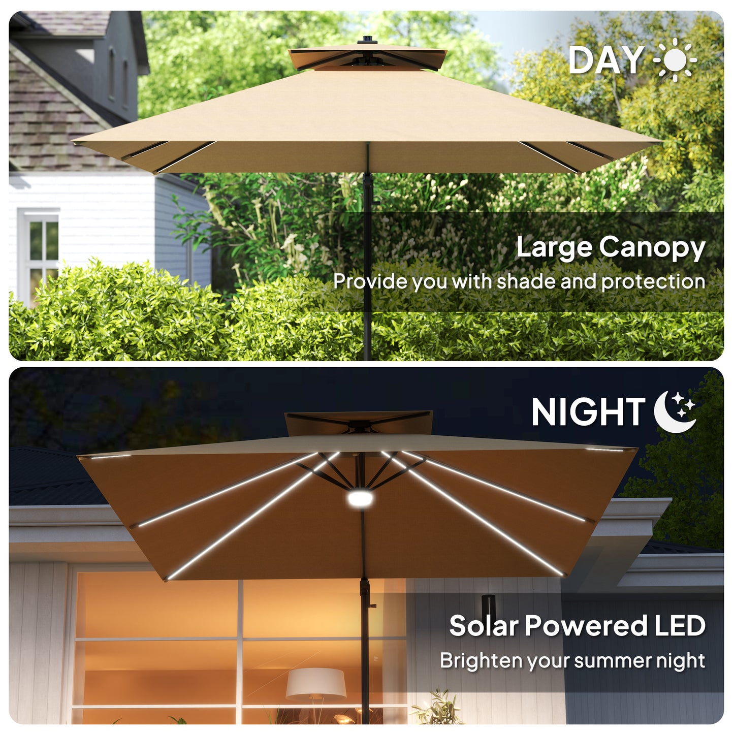 Outsunny 2.5m Cantilever Parasol with Solar Powered LED Lights, 360° Rotation, Tilt Adjustment, Crank Handle, Khaki