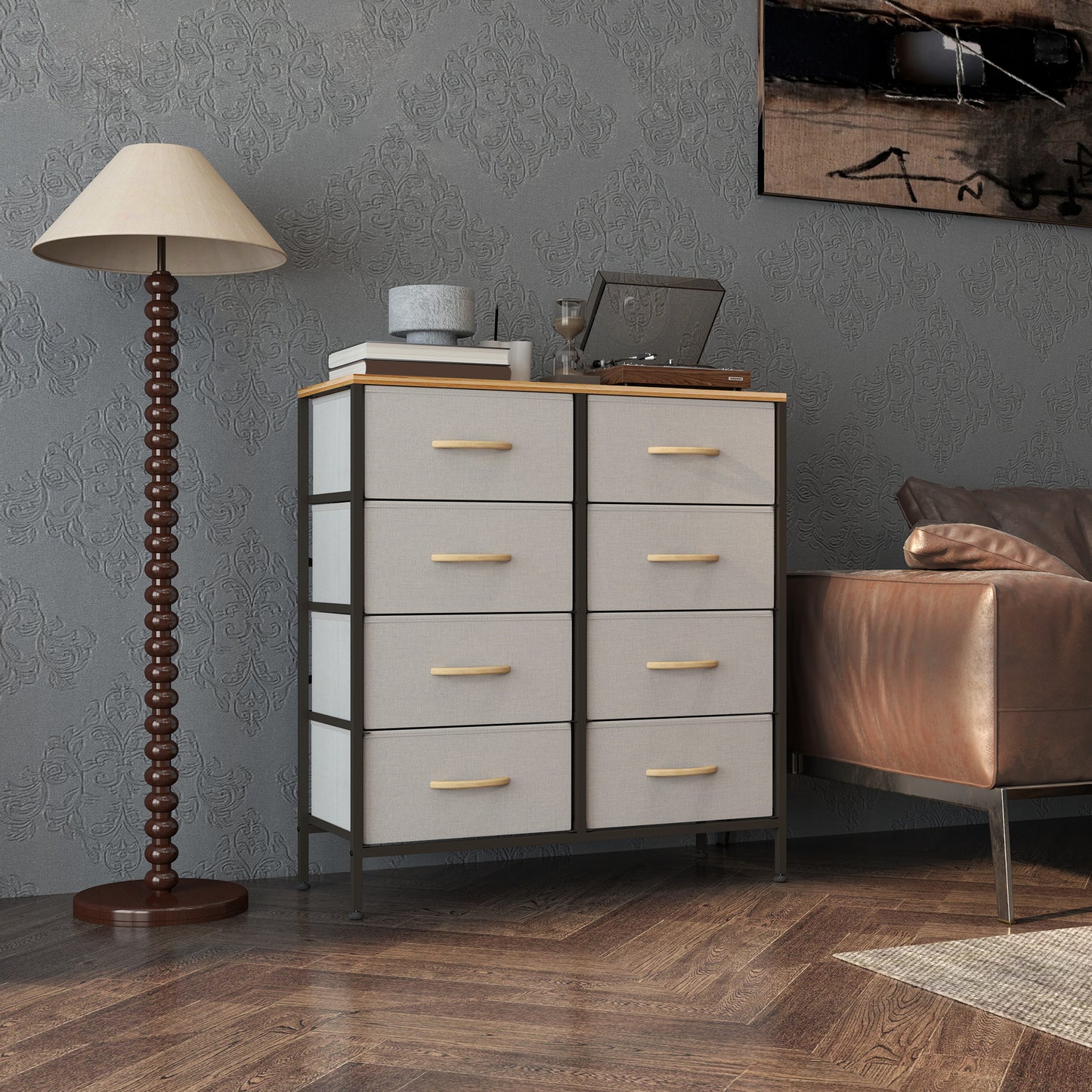 HOMCOM Fabric Chest of Drawers, Industrial Dresser with 8 Fabric Drawers, Steel Frame & Wooden Top for Nursery, Living Room, Hallway, Cream White.