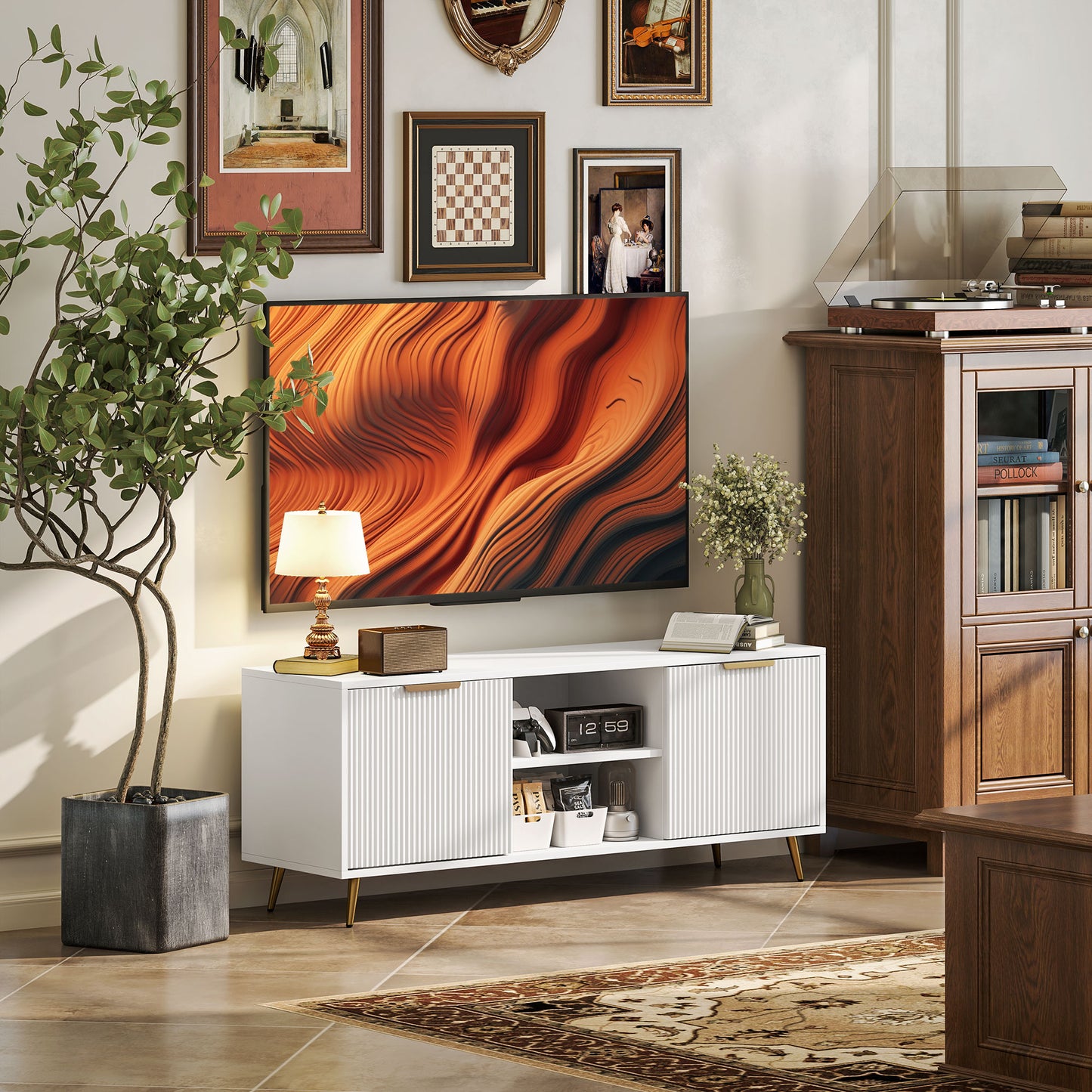 HOMCOM Modern TV Stand, 2 Open Shelves & 2 Cabinets for TVs up to 55", White