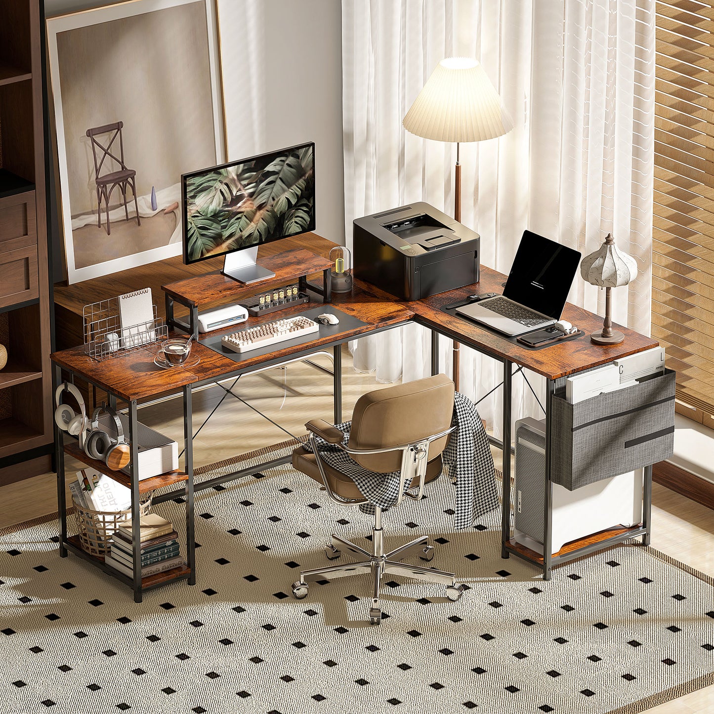 HOMCOM 168cm Reversible L-Shaped Desk, Corner Computer Desk with Shelf & Storage Bag, Rustic Brown