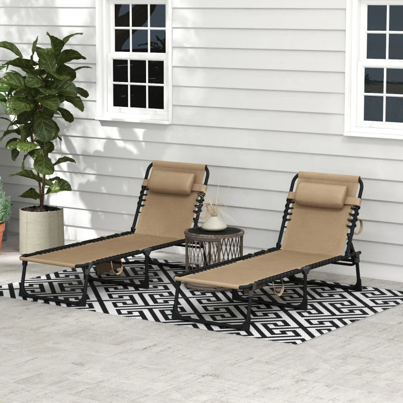Outsunny Portable Sun Lounger Set of 2, Folding Camping Bed Cot, Reclining Lounge Chair 5-position Adjustable Backrest with Side Pocket, Pillow for Patio Garden Beach Pool, Beige