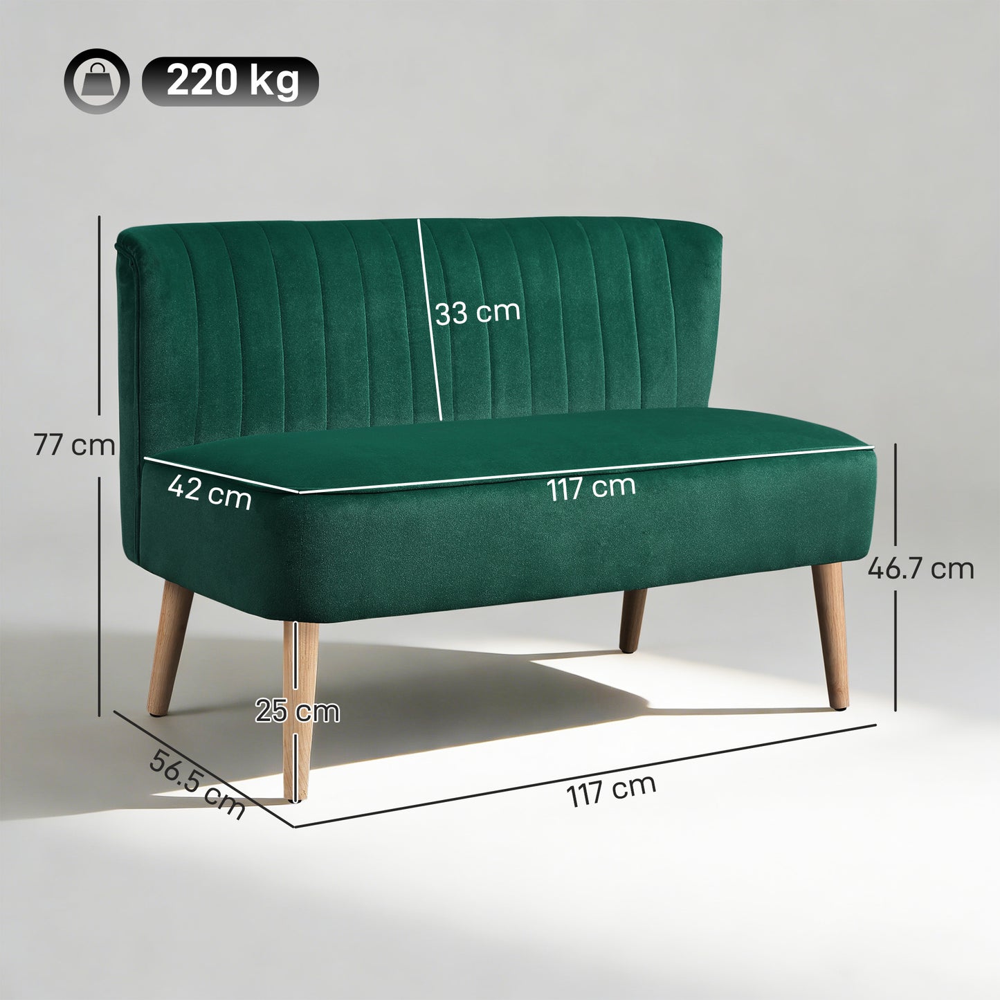 HOMCOM 46" Loveseat Sofa Upholstered Small 2 Seater Sofa  with Thick Padded Seat and Rubber Wood Legs, Dark Green