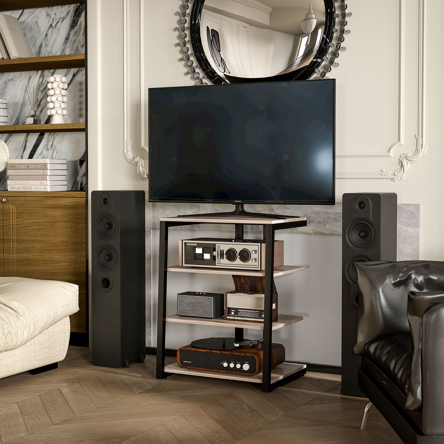 HOMCOM Corner TV Unit, with Three Storage Shelves - Grey