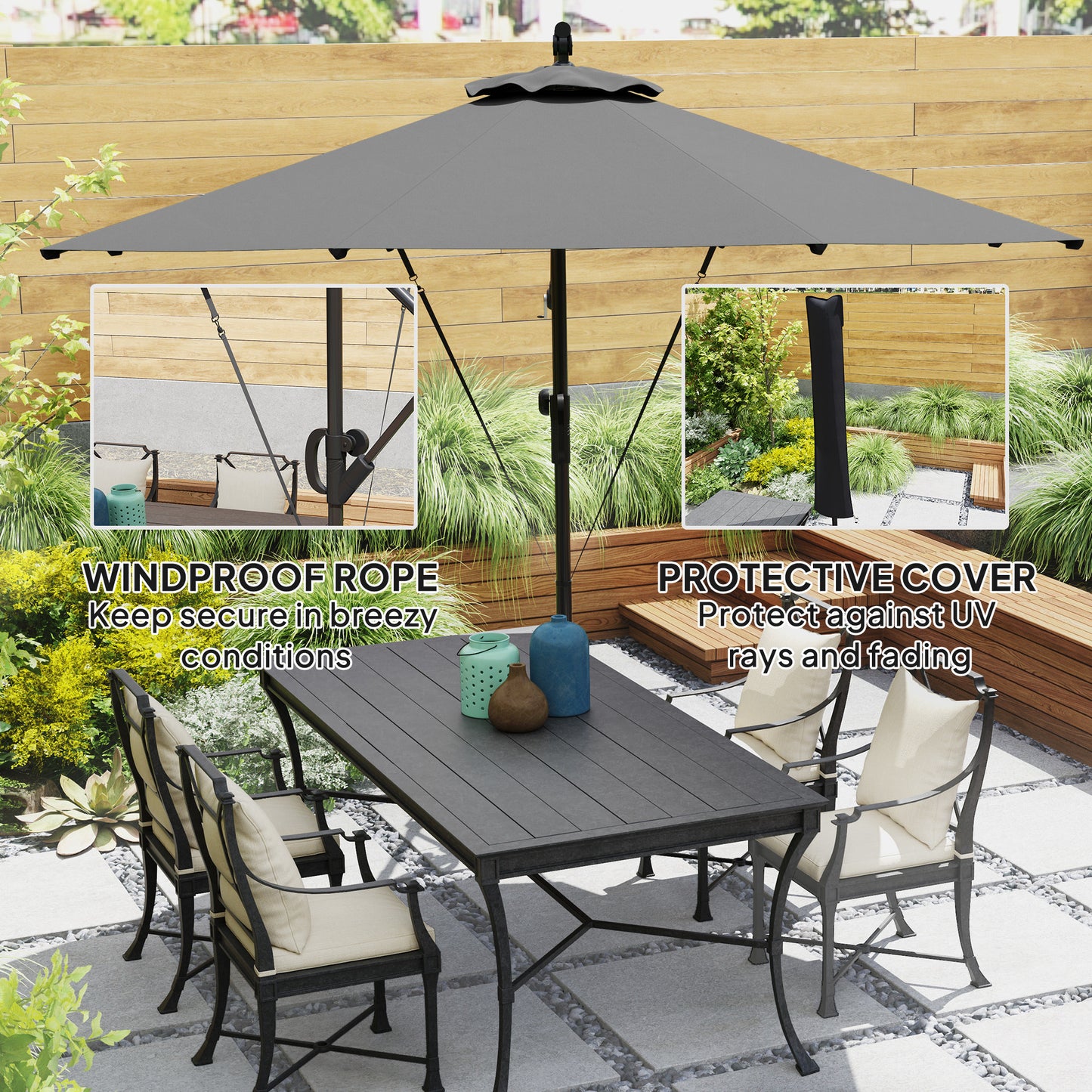 Outsunny Garden Cantilever Parasol with Cover, Wind Protection Strap, Crank Handle, Tilt, UPF50+, Outdoor Sun Shade, 3m, Grey