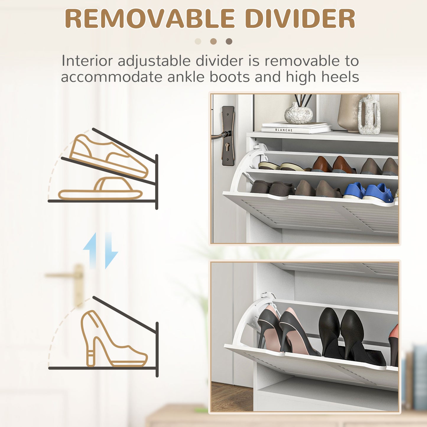 HOMCOM Entryway Shoe Cabinet, 2 Flip Drawers, Louvred Door, Adjustable Shelves for 16 Pairs, 2 Drawers, White