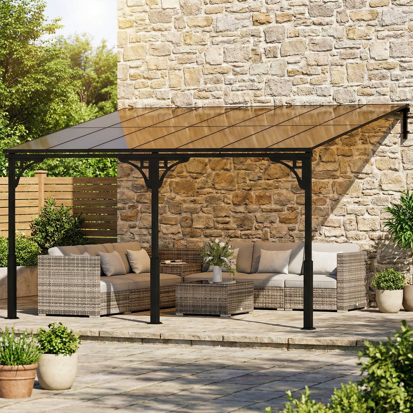 Outsunny 4 x 3 m Metal Lean-to Pergola, Wall-Mounted Garden Pergola and Metal-Aluminium Frame, Heavy Duty Hardtop Gazebo for Outdoor Patios, BBQ, Brown