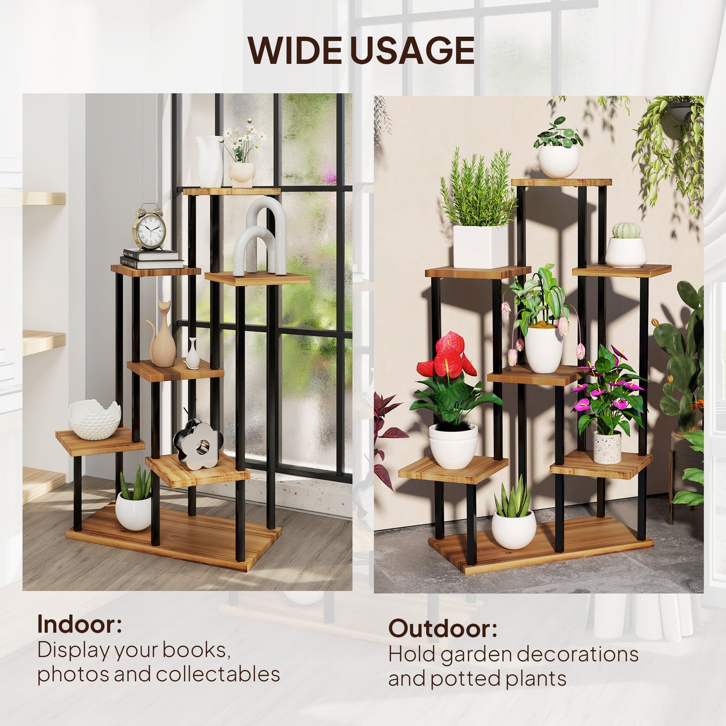 Outsunny Plant Stand: 7 Tier Indoor/Outdoor Corner Steel-Wood Shelf, Tall Display Rack for Multiple Plants, Carbonised Finish