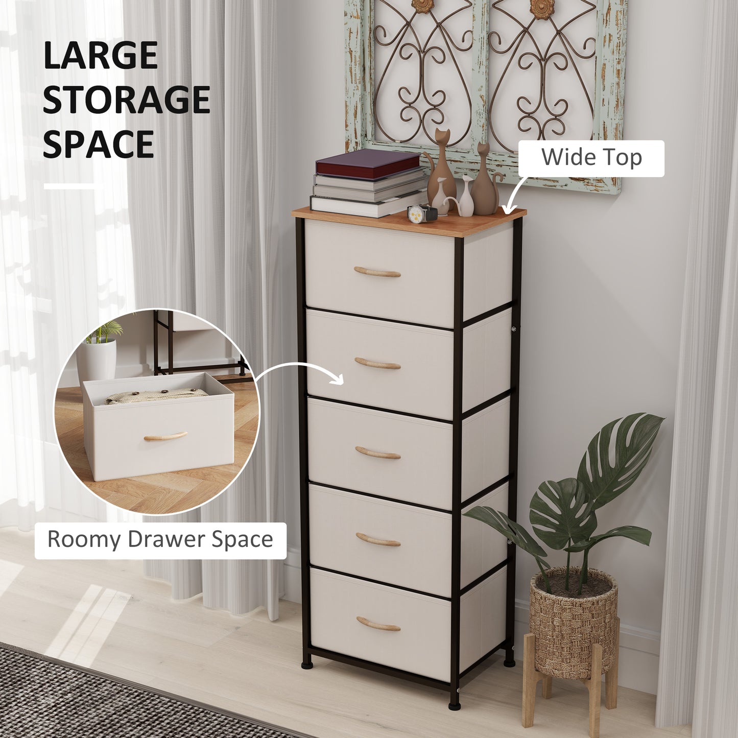 HOMCOM Chest of Drawers, Industrial Dresser with 5 Fabric Drawers, Steel Frame & Wooden Top for Bedroom, Nursery, Hallway, Cream White