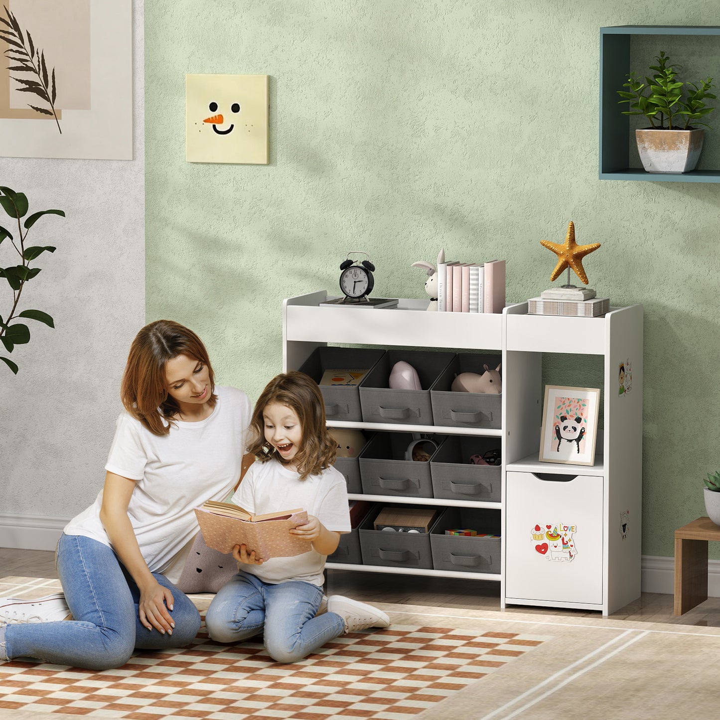 AIYAPLAY Kids Toy Storage, 9 Removable Fabric Bins, Wooden Toy Storage Units for Toys and Books for Bedroom, Nursery, White