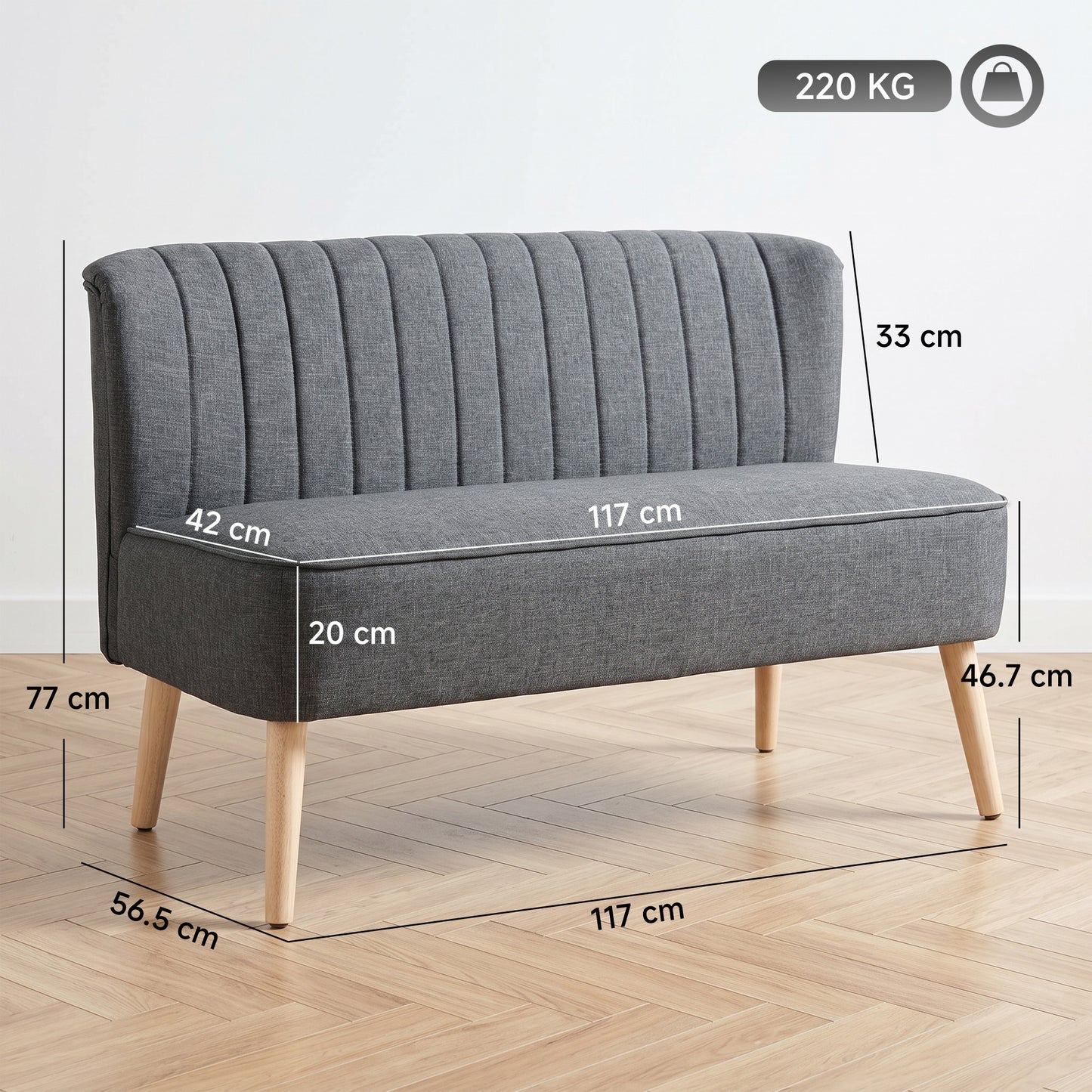 HOMCOM 2 Seater Sofa for Living Room, Modern Linen-Look Fabric Couch, Armless Loveseat Sofa Settee for Bedroom, Dark Grey