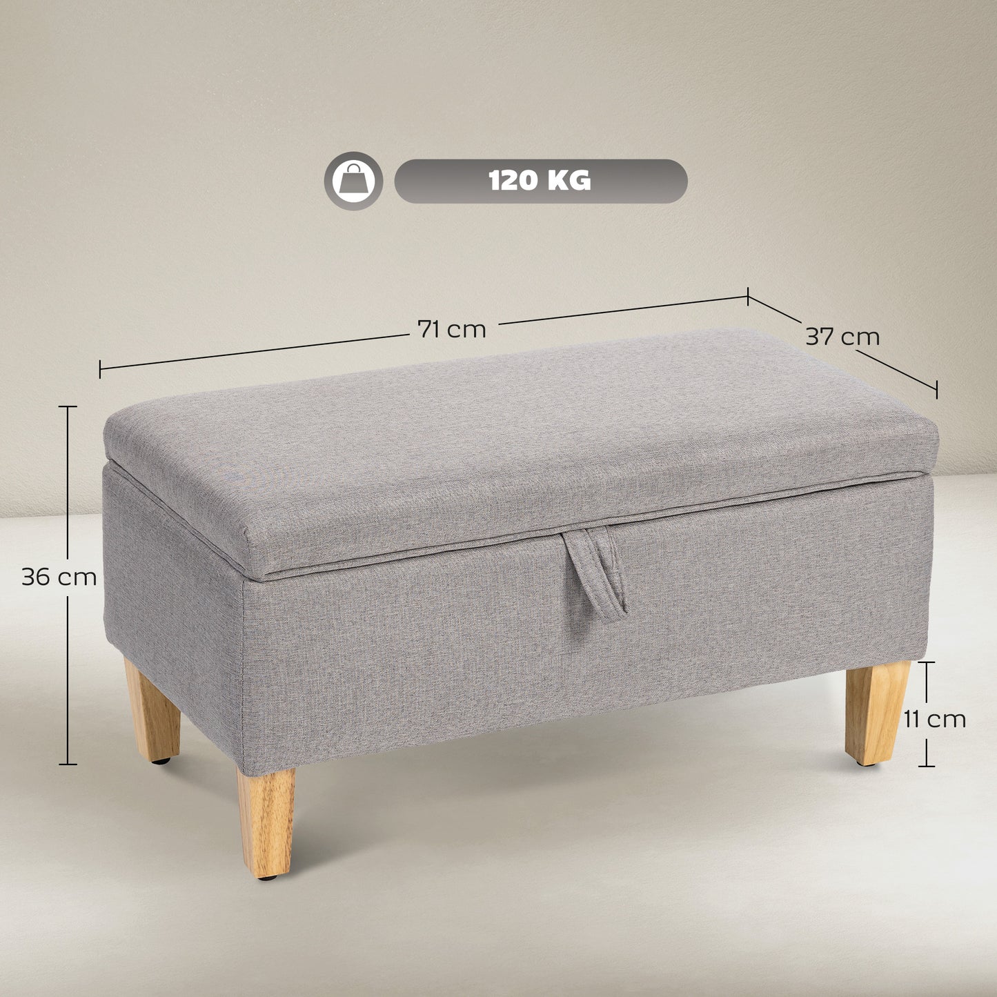 HOMCOM 30L Linen Storage Ottoman Padded Footstool with Rubberwood Legs for Storage Box, Bed End, Shoe Bench, Seating, Light Grey