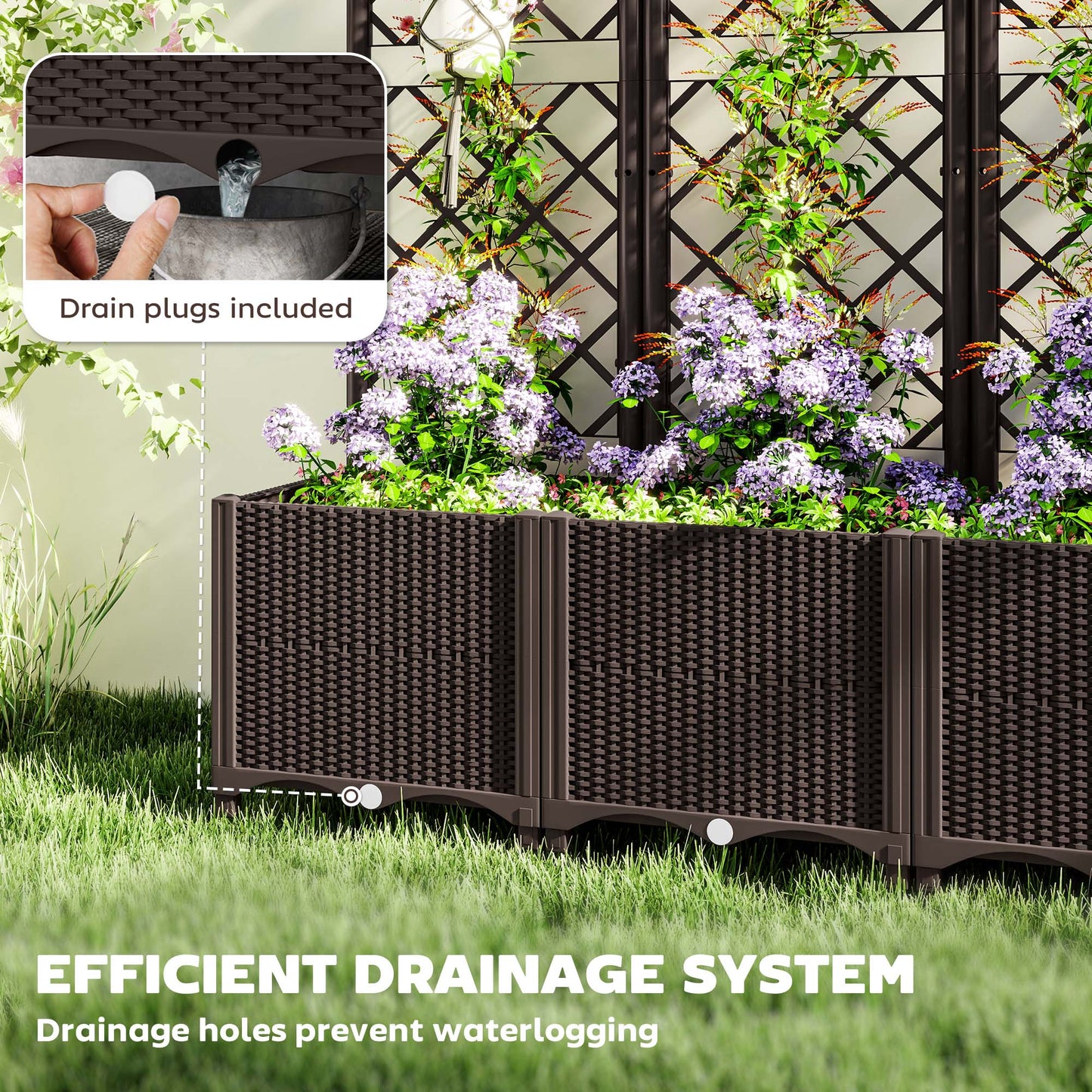 Outsunny Raised Garden Bed with Trellis, Plastic Planter Box with Drainage Holes 3 wide Brown