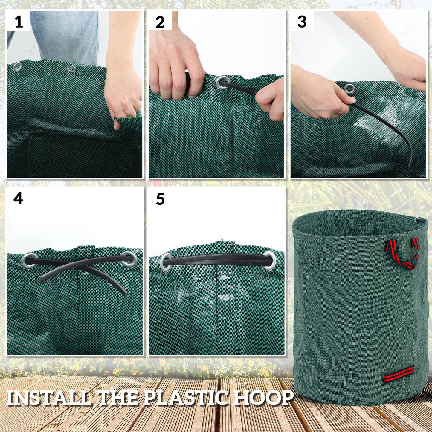Outsunny Garden Waste Bags, 300L, Set of 3, Heavy Duty, Foldable, Reusable Sacks with Handles, Green