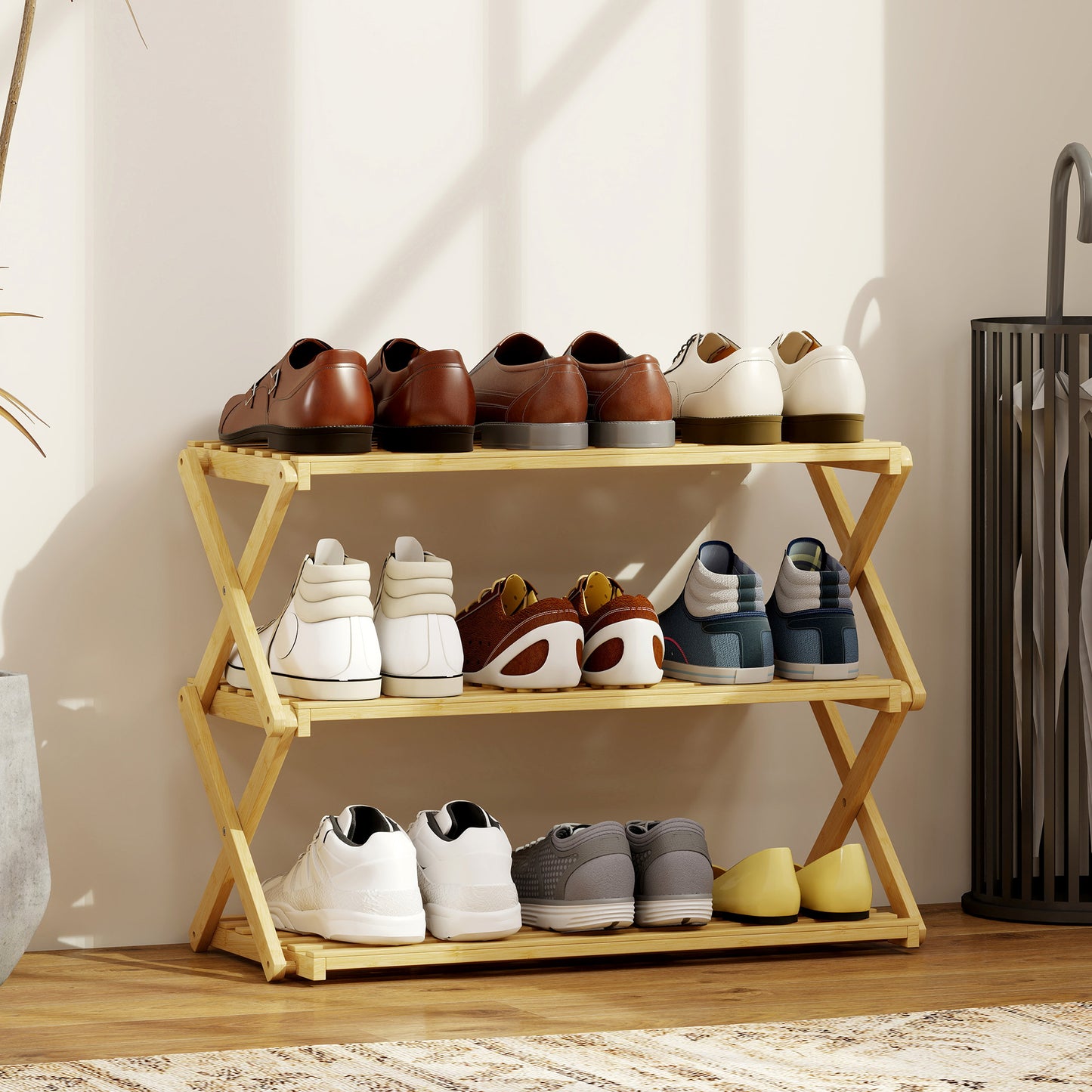 HOMCOM 3-Tier Bamboo Shoe Rack, No Assembly - Natural