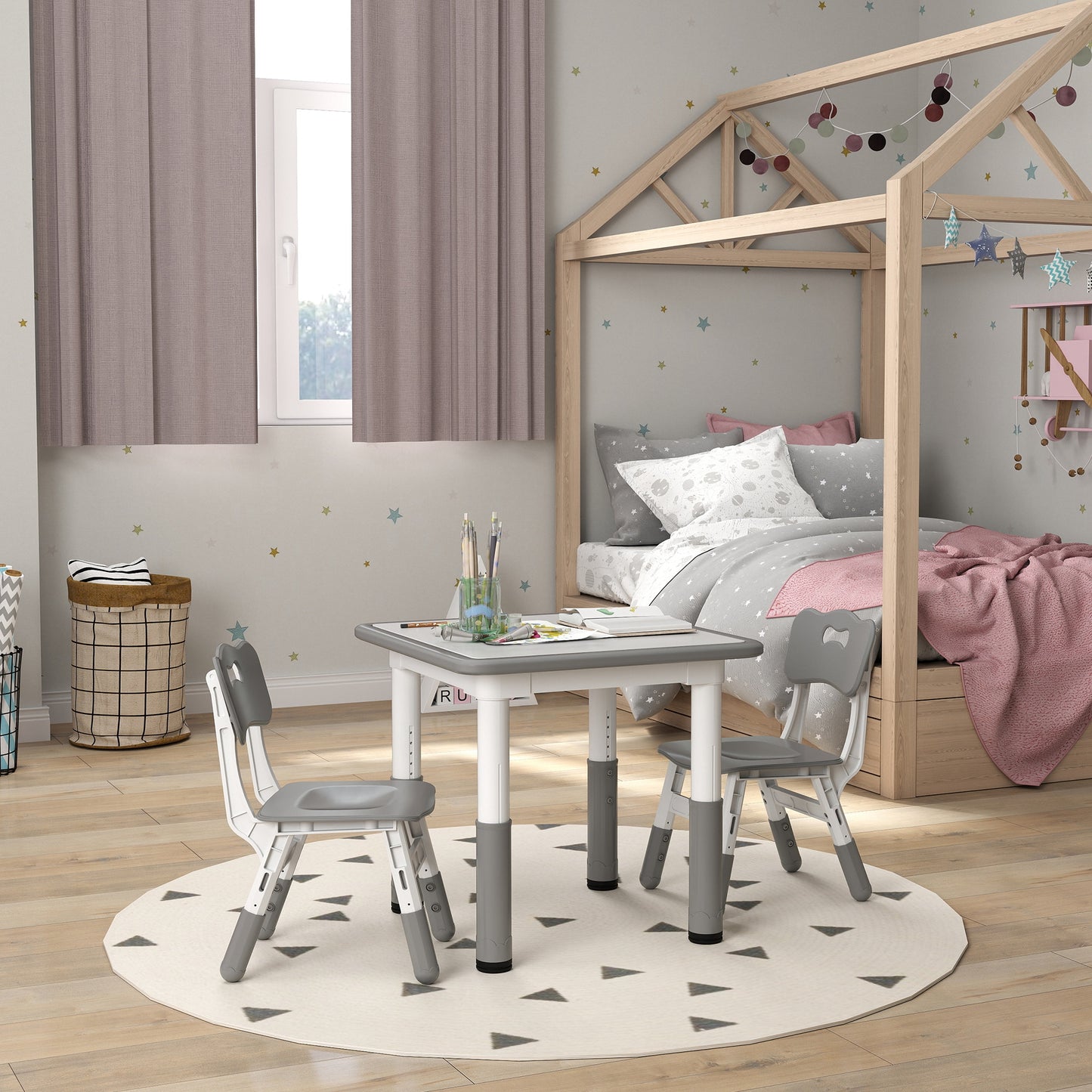 AIYAPLAY Height Adjustable Toddler Table and Chair Set, 3 Pcs Children Activity Table w/ 2 Chairs, for Playroom, Bedroom - Grey
