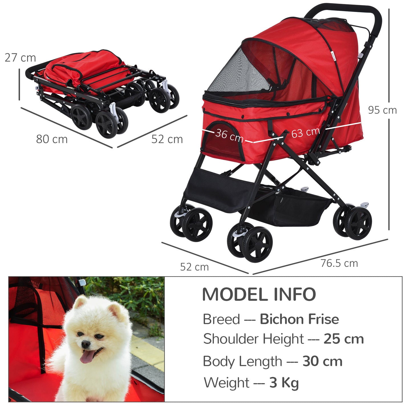 PawHut Pet Stroller Foldable Travel Dog Cat Carriage w/ Reversible Handle Brake Basket