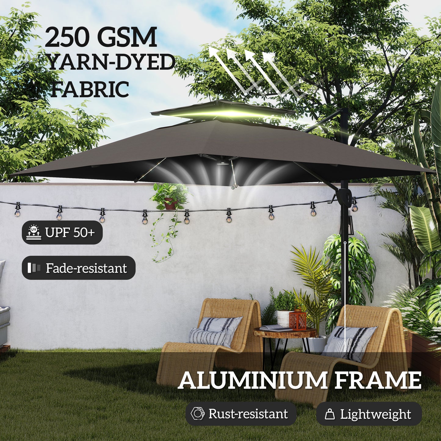 Outsunny Garden Cantilever Parasol w/ Solar LED Lights, Aluminium Patio Umbrella, UPF50+ Shade, Cross Base, Crank & Tilt, 3.5x3 m, Grey