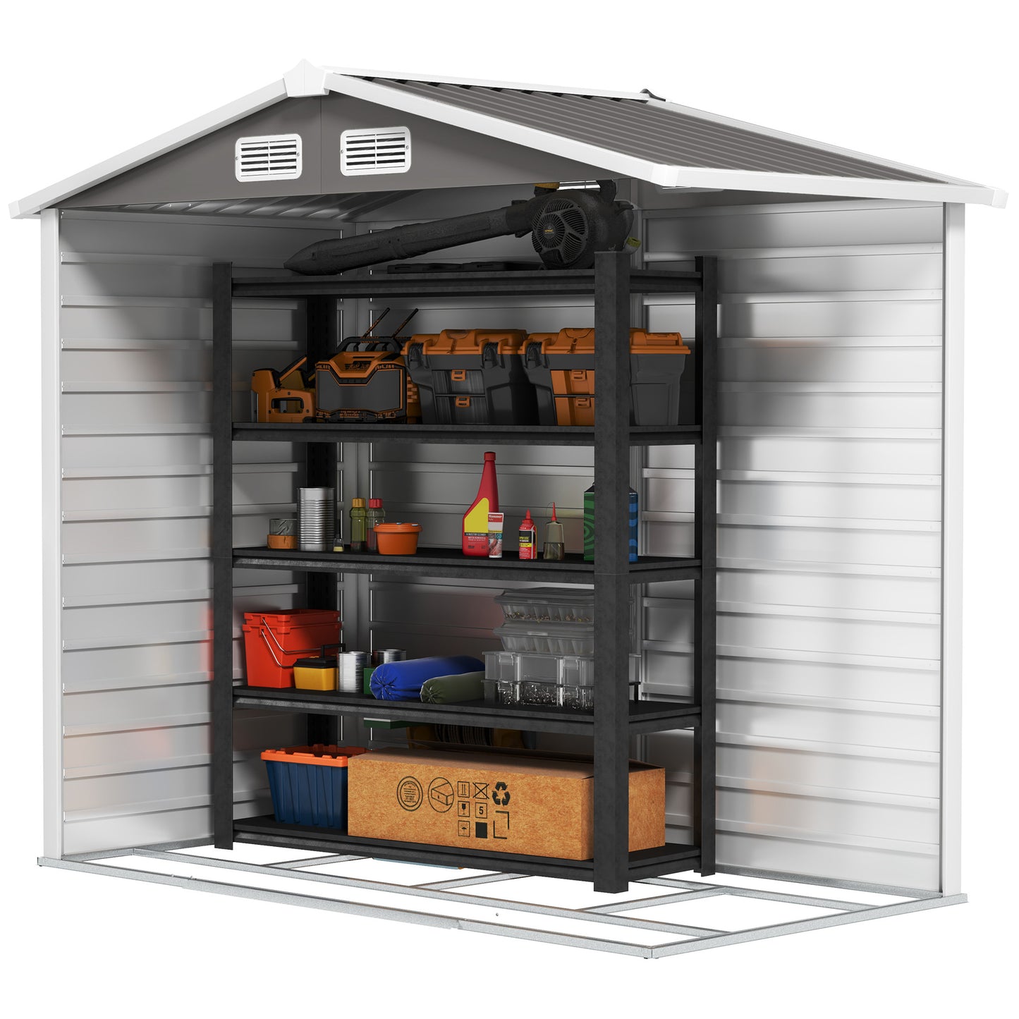 Outsunny Garden Shed, 7x4ft Galvanised Steel Frame, Double Doors with Lock, Vents & Gloves, Foundation Kit Included, Light Grey