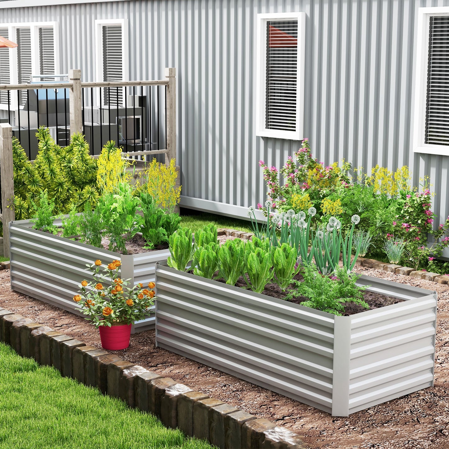 Outsunny Set of 2 Raised Garden Beds, Galvanised Steel Planters with Reinforced Rods for Vegetables, Plants, Flowers, 180x90x59 cm, Light Grey