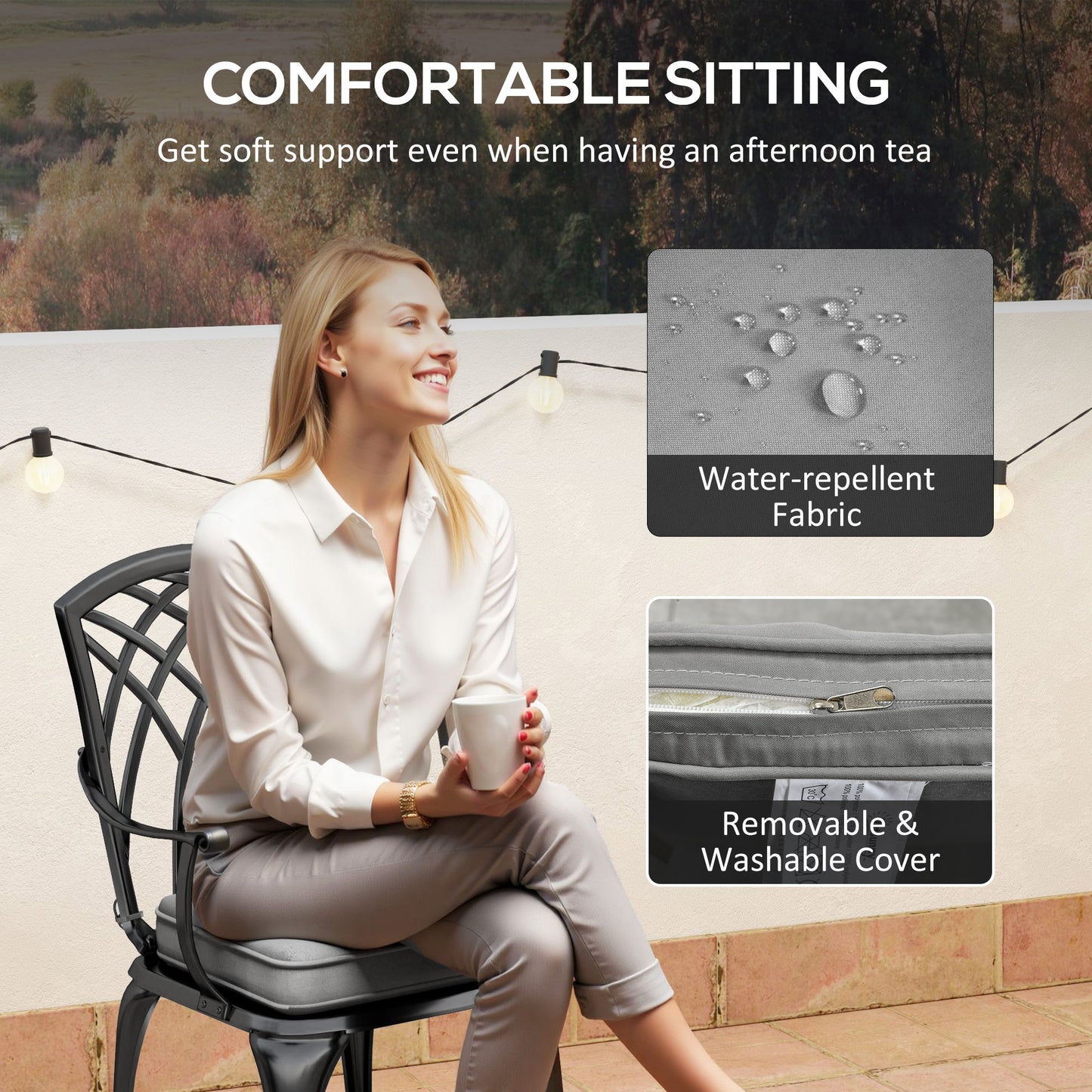 Outsunny 3 Piece Cast Aluminium Bistro Set, Rust Resistant with Parasol Hole & Cushions, Black