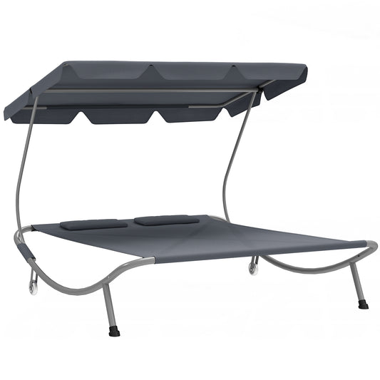 Outsunny Double Hammock Sun Lounger Bed with Canopy Shelter, Wheels & 2 Pillows, Light Grey