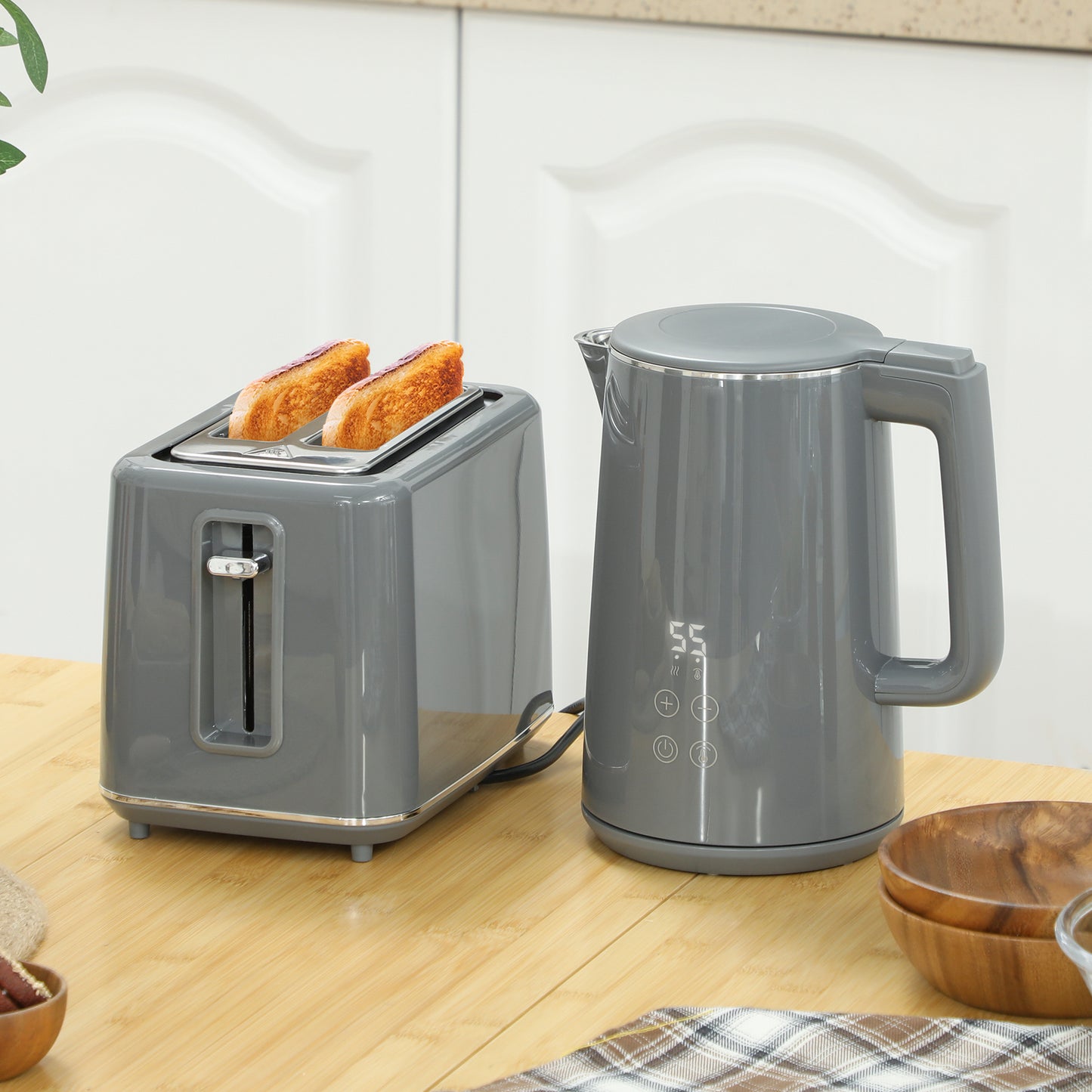 HOMCOM Digital Kettle & Toaster Set, 1.5L 3000W Fast Boil Kettle, 2-Slice Toaster with 7 Browning Levels, LED Display, Crumb Tray, Grey