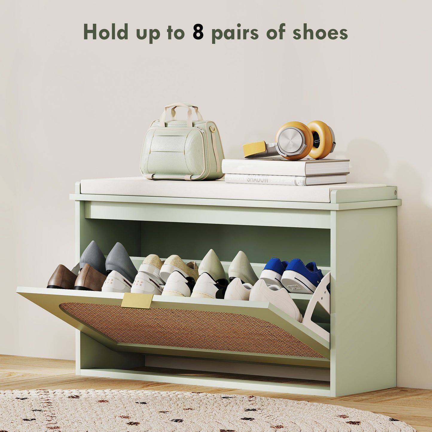 HOMCOM Boho Shoe Bench with Padded Seat and Flip-Drawer - Light Green