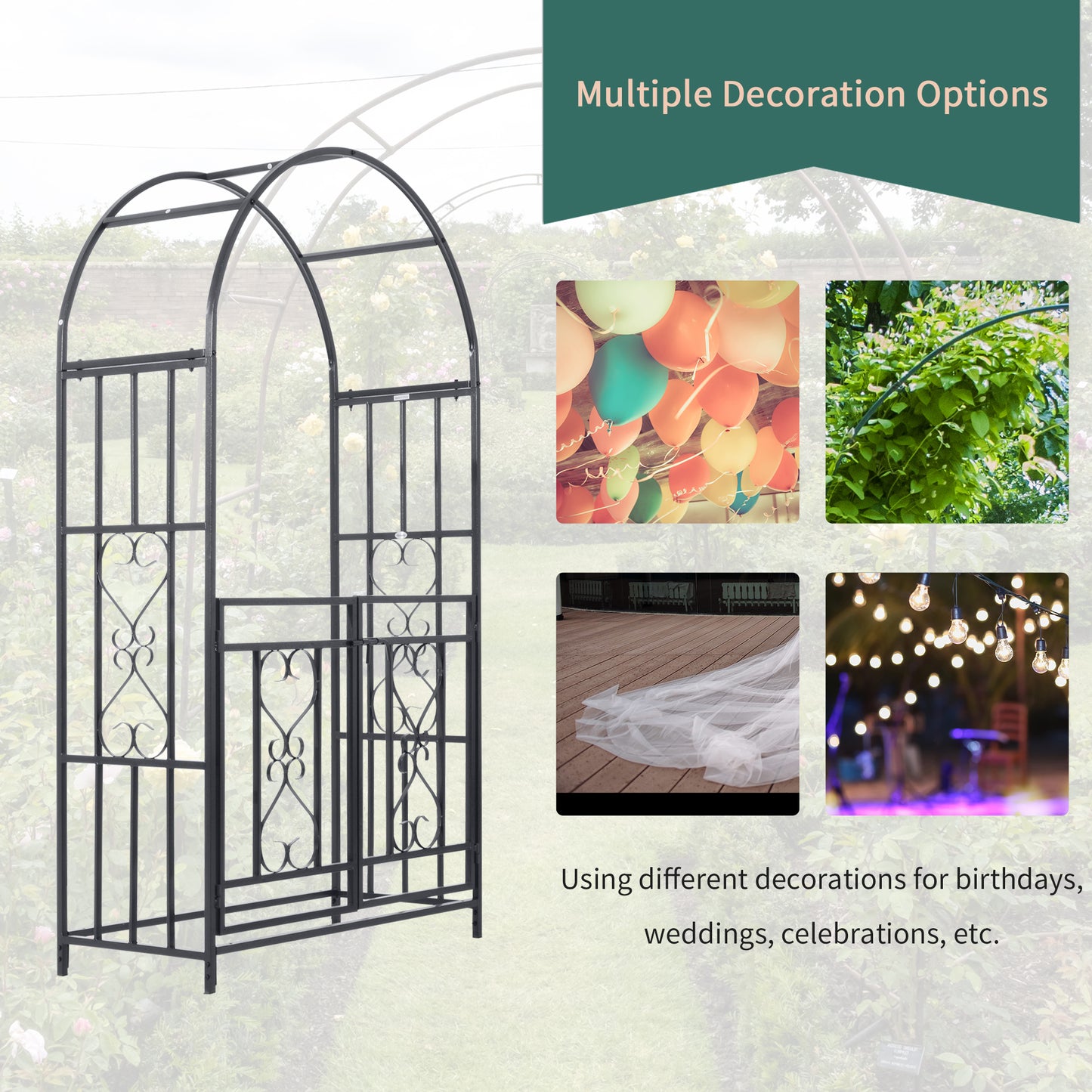 Outsunny Metal Garden Arch with Double Gates, Arbor for Climbing Plants & Vines, Wedding Arch, 114L x 50W x 206H cm, Dark Grey