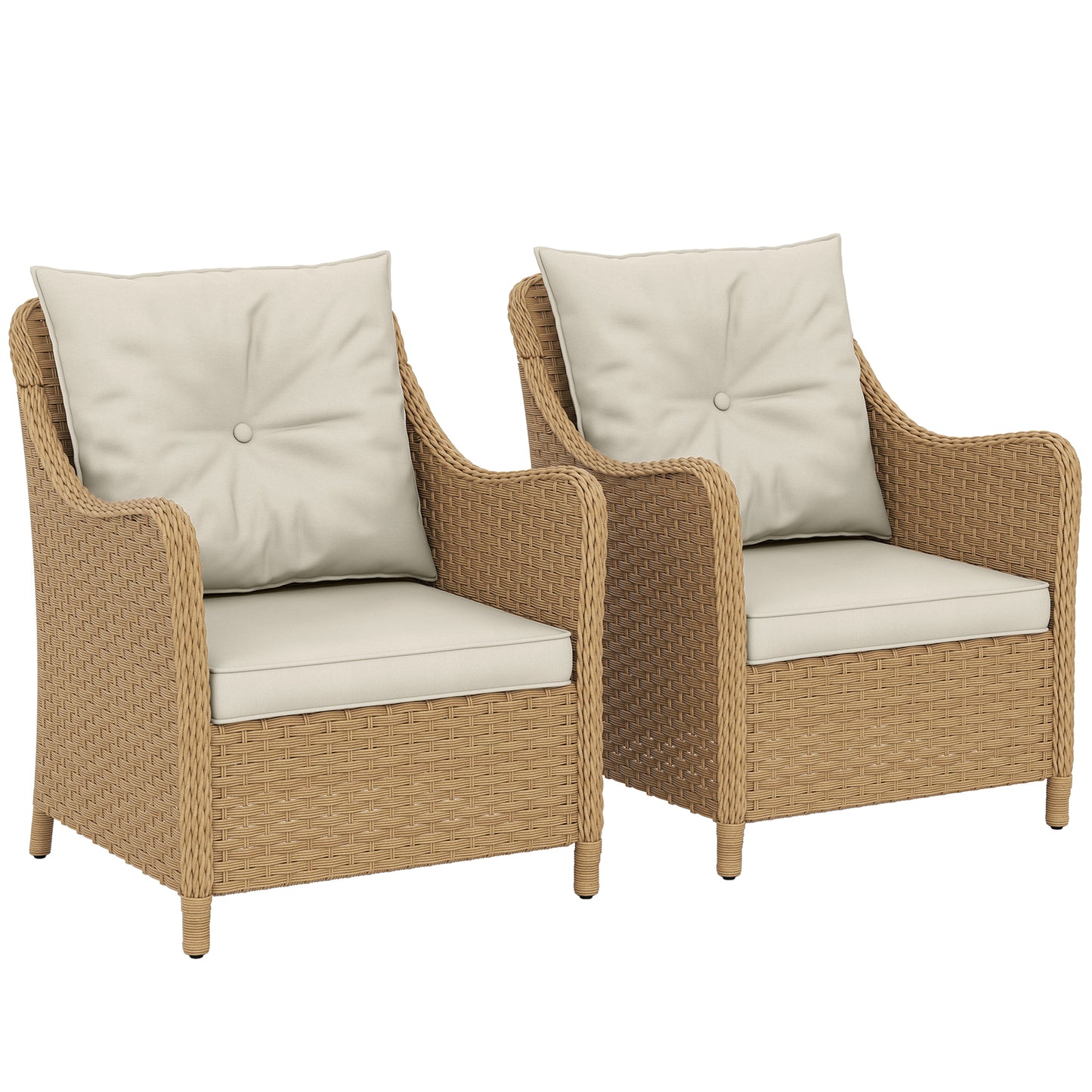 Outsunny Rattan Garden Chairs Set of 2, Outdoor with Cushions, Armrests, High Back, Steel Frame for Balcony, Porch, Beige