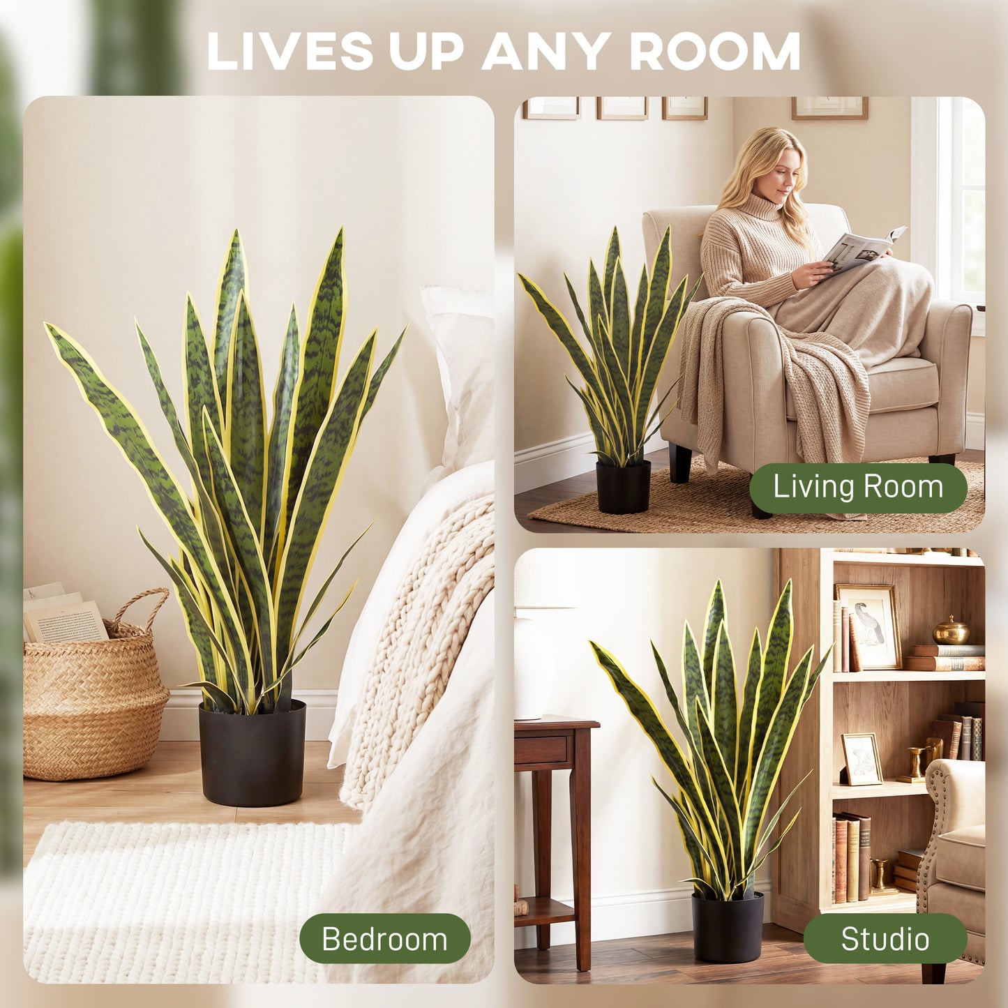 Outsunny Artificial Snake Plant 21 Variegated Leaves Fake Plant in Pot Indoor Outdoor Decor Green