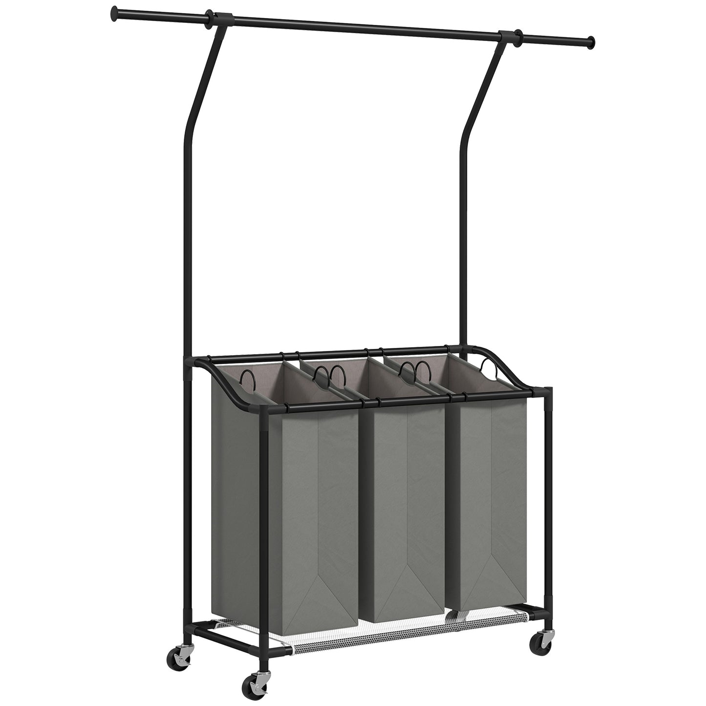 HOMCOM Laundry Sorter, Rolling Basket with Hanging Rail & 3-Bag Organizer for Bedroom/Bathroom, 88-149.5L x 40W x 167H cm, Dark Grey