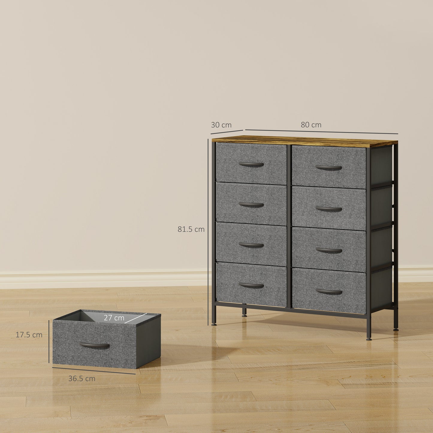 HOMCOM Chest of Drawers, Industrial Dresser with 8 Fabric Drawers, Steel Frame, Wooden Top for Bedroom, Nursery, Hallway, Rustic Brown and Grey