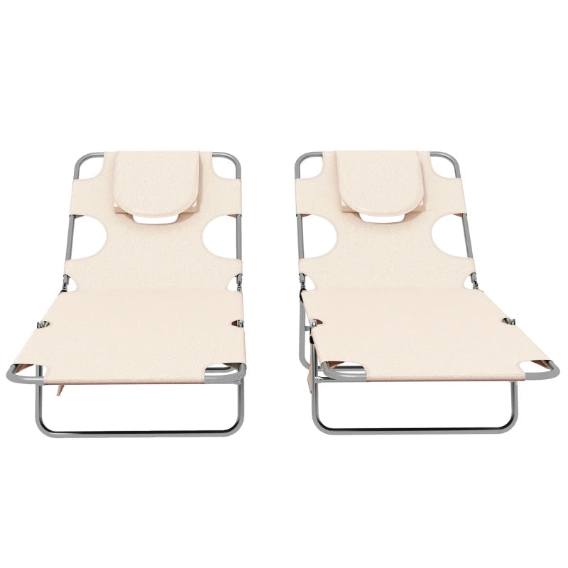 Outsunny Foldable Sun Lounger Set of 2, Beach Chaise Lounges with Reading Hole, Arm Slots, 5-Position Adjustable Backrest, Side Pocket, Pillow for Patio, Garden, Beach, Pool, Beige