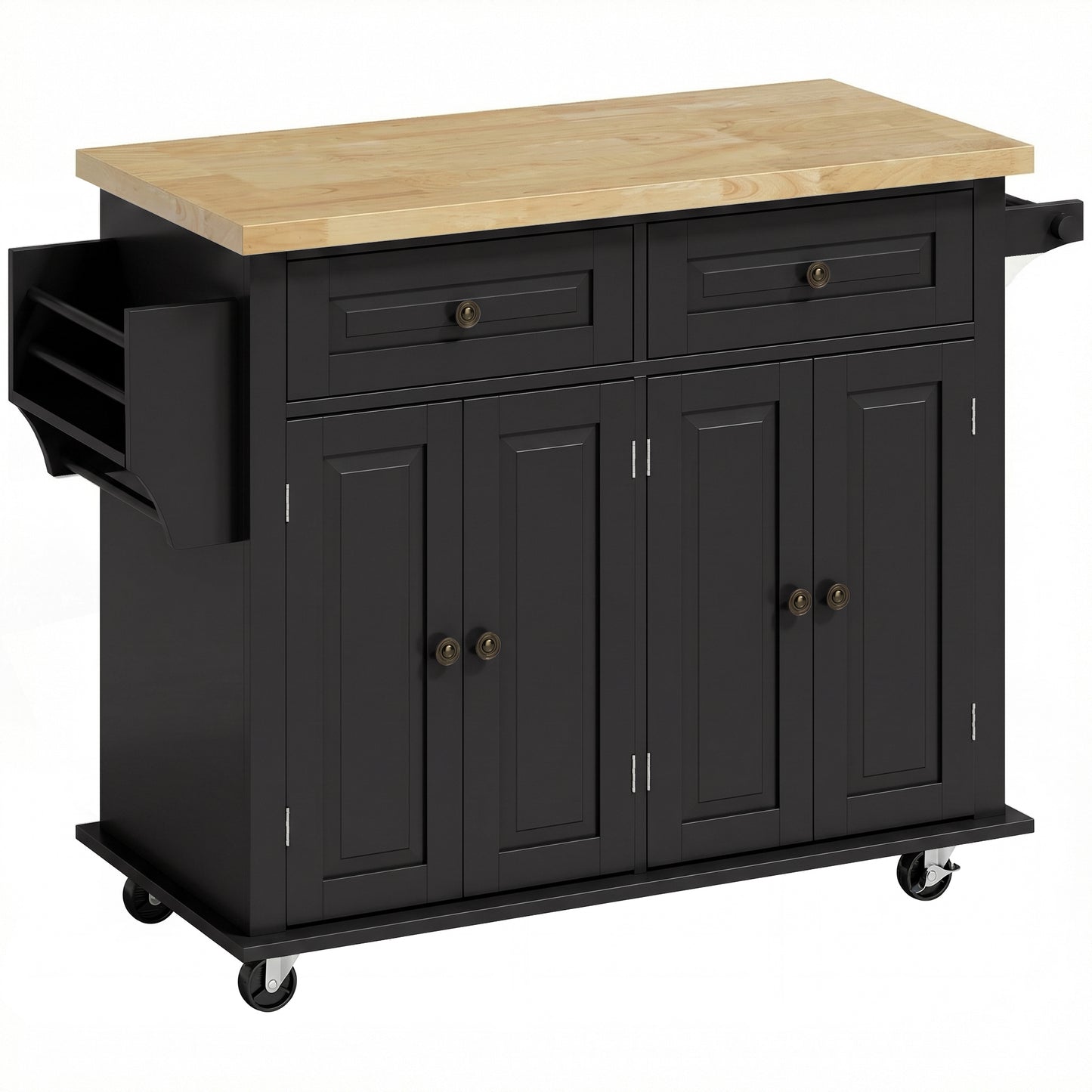 HOMCOM Kitchen Island on Wheels, Rolling Kitchen Trolley with Rubberwood Top, 2 Drawers, Adjustable Shelves, Black