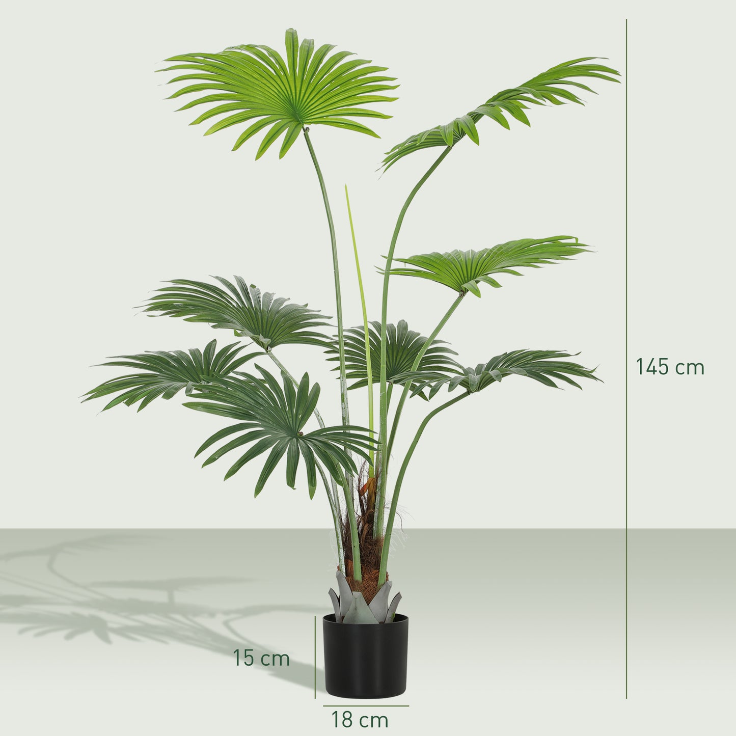 HOMCOM Artificial Palm Tree, 145cm, Decorative Plant with Lifelike PEVA Leaves, Coconut Coir, Plastic Pot, Flocking for Home/Office Decor, Green