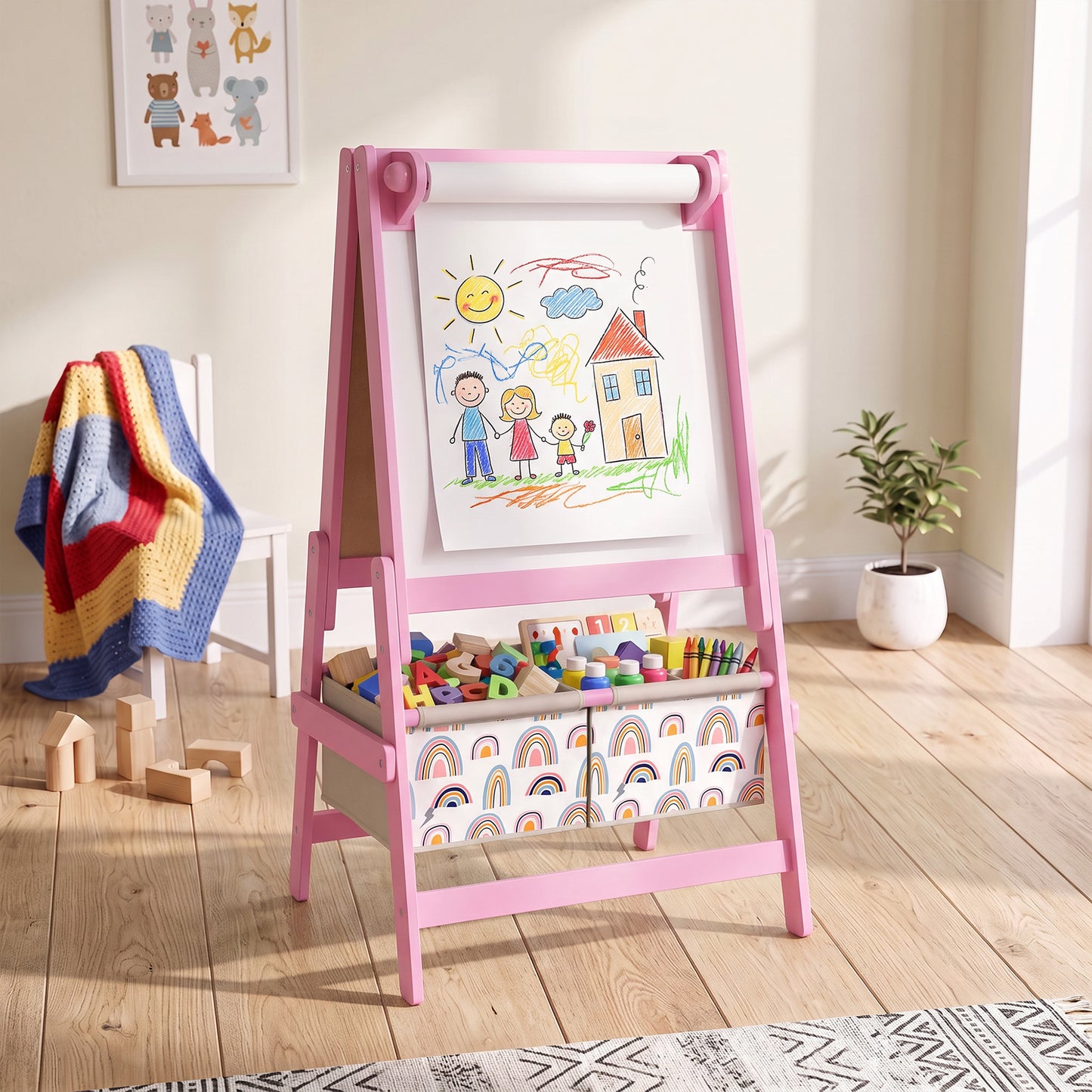 AIYAPLAY Art Easel for Kids, 3-in-1 Kids Easel with Chalkboard, Whiteboard, Paper Roll, Storage, Under-Board Shelf for 3-8, Pink
