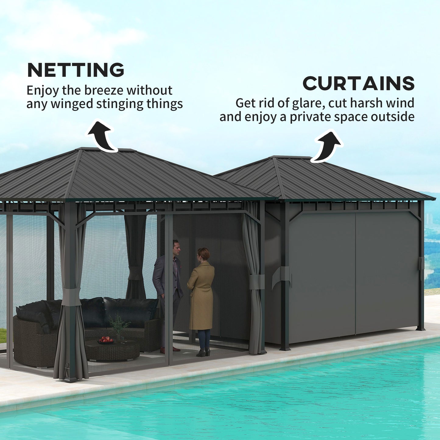 Outsunny 3 x 4m Hardtop Gazebo, Galvanised Steel Roof, Curtains, Netting, Waterproof Permanent Pavilion for Patio/Deck, with Water Gutter