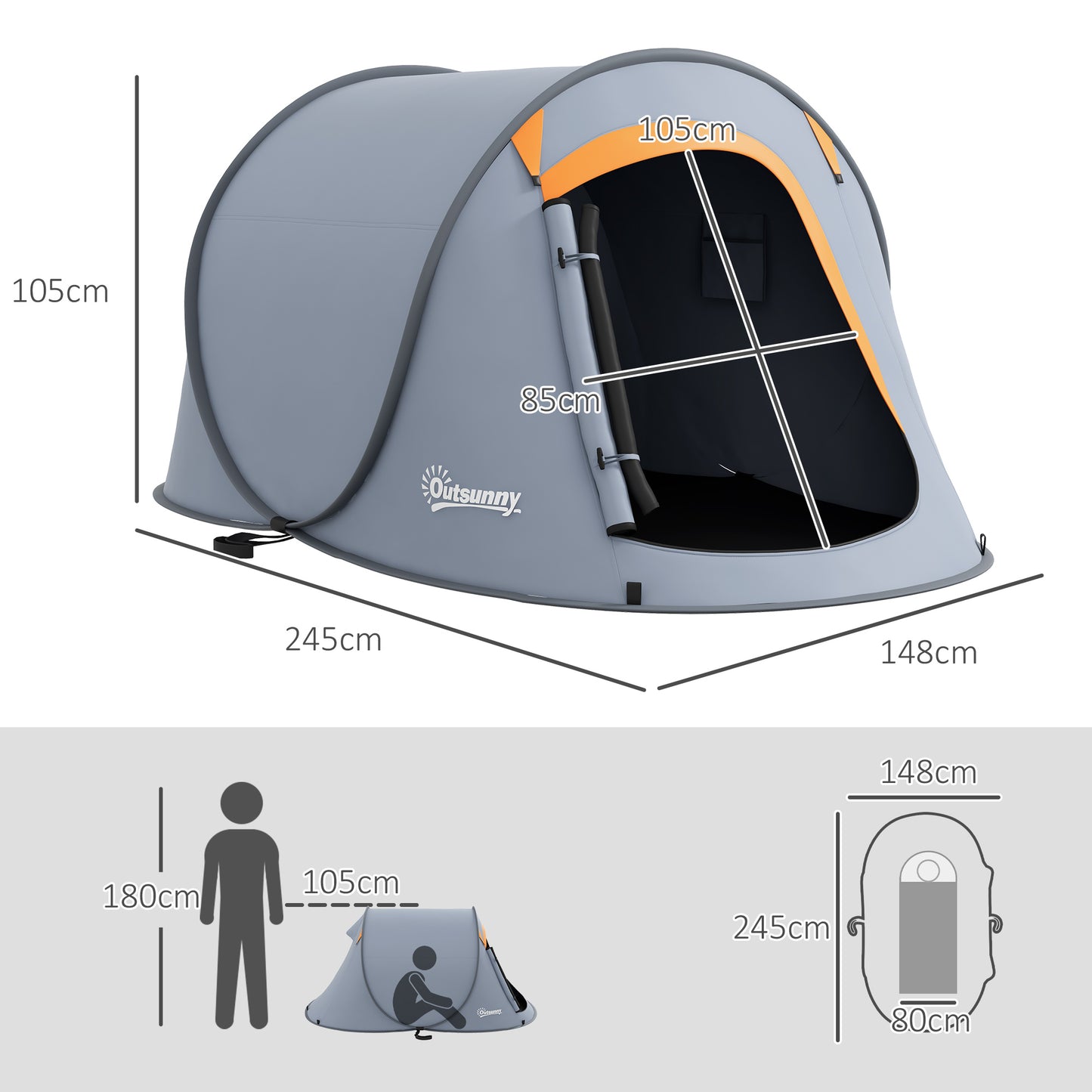 Outsunny 2 Man Pop up Camping Tent 2000mm Waterproof with Carry Bag for Fishing Hiking Backpacking Grey and Orange