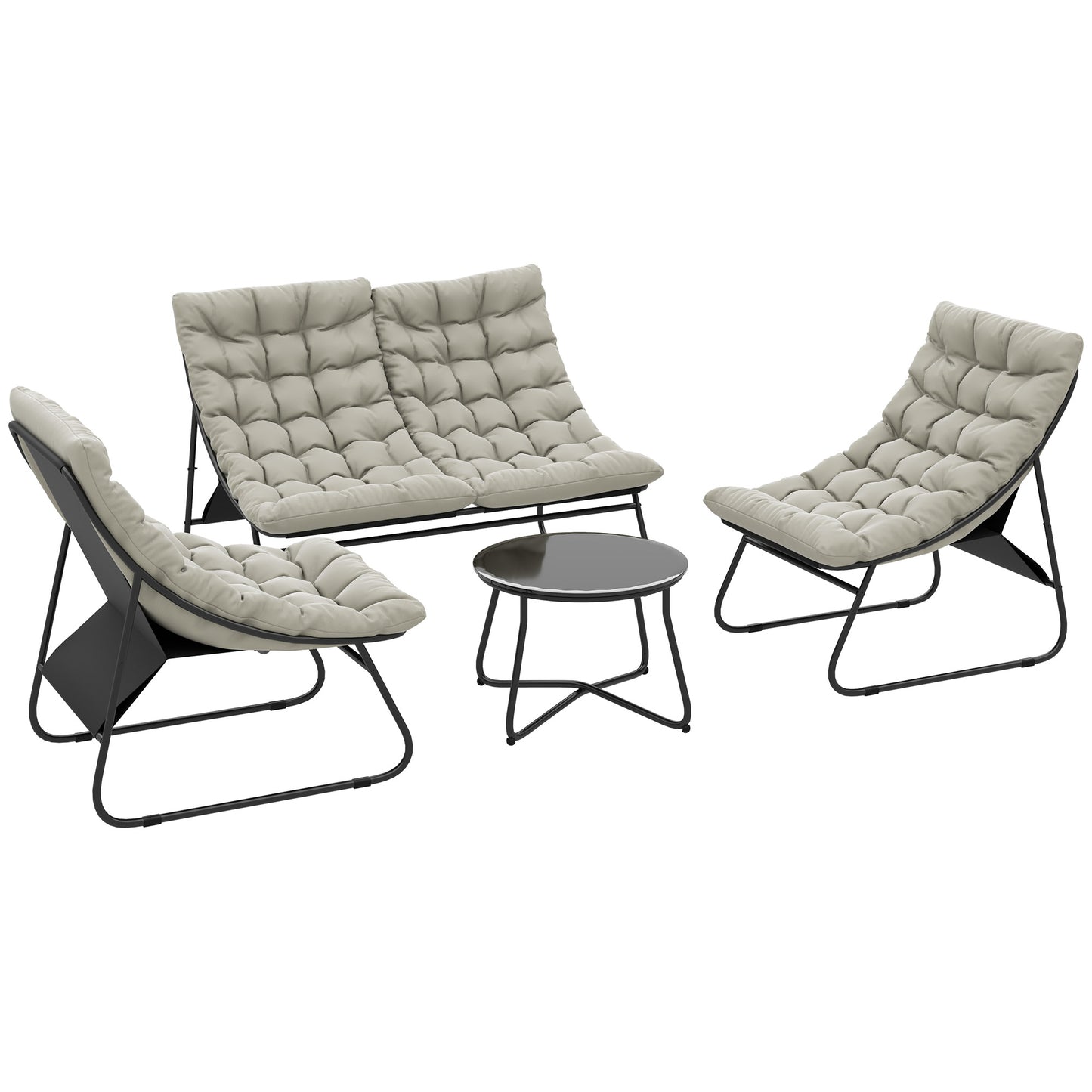 Outsunny 4 Seater Garden Furniture Set with Sofa, Chairs, Glass Table, Thick Cushions, Steel for Balcony or Poolside, Light Grey
