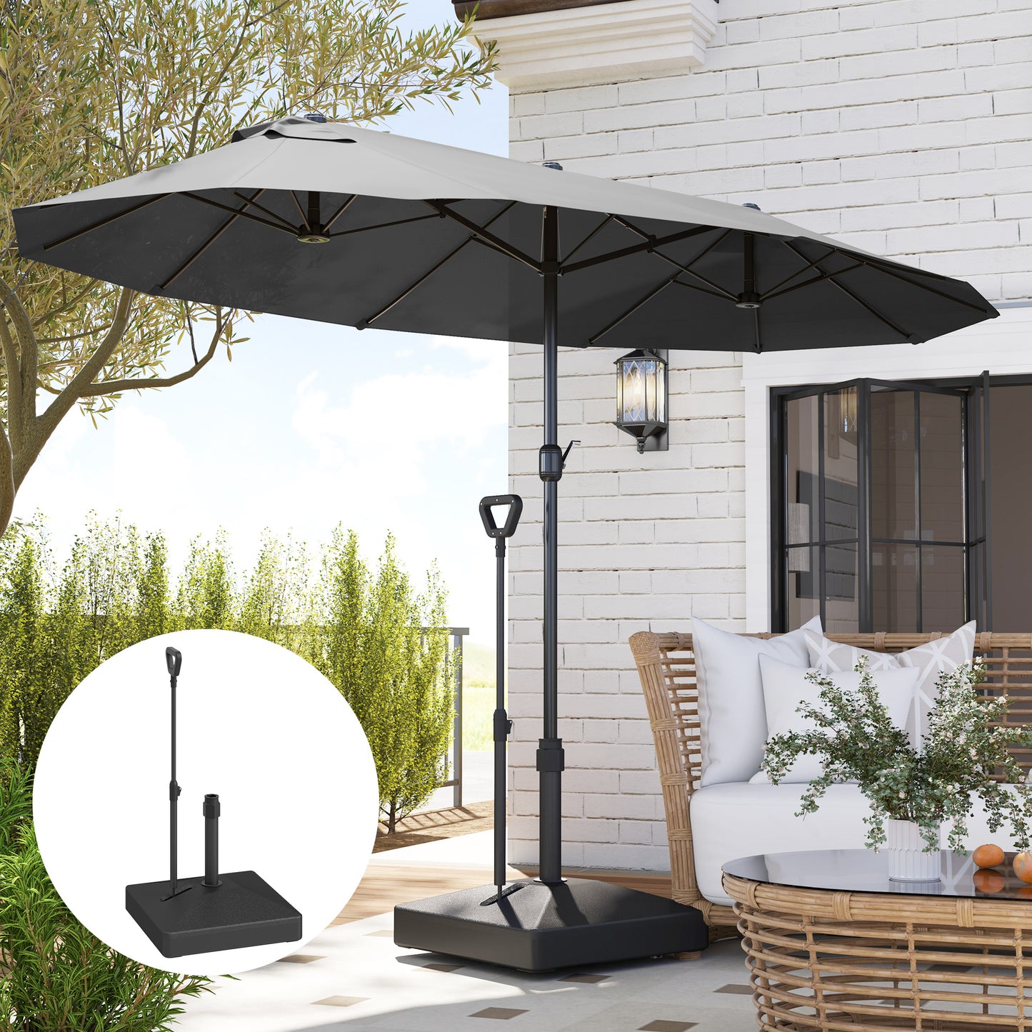 Outsunny Garden Parasol Base with Adjustable Wheels & Handle, 55kg/45kg Fill, Umbrella Stand, Black